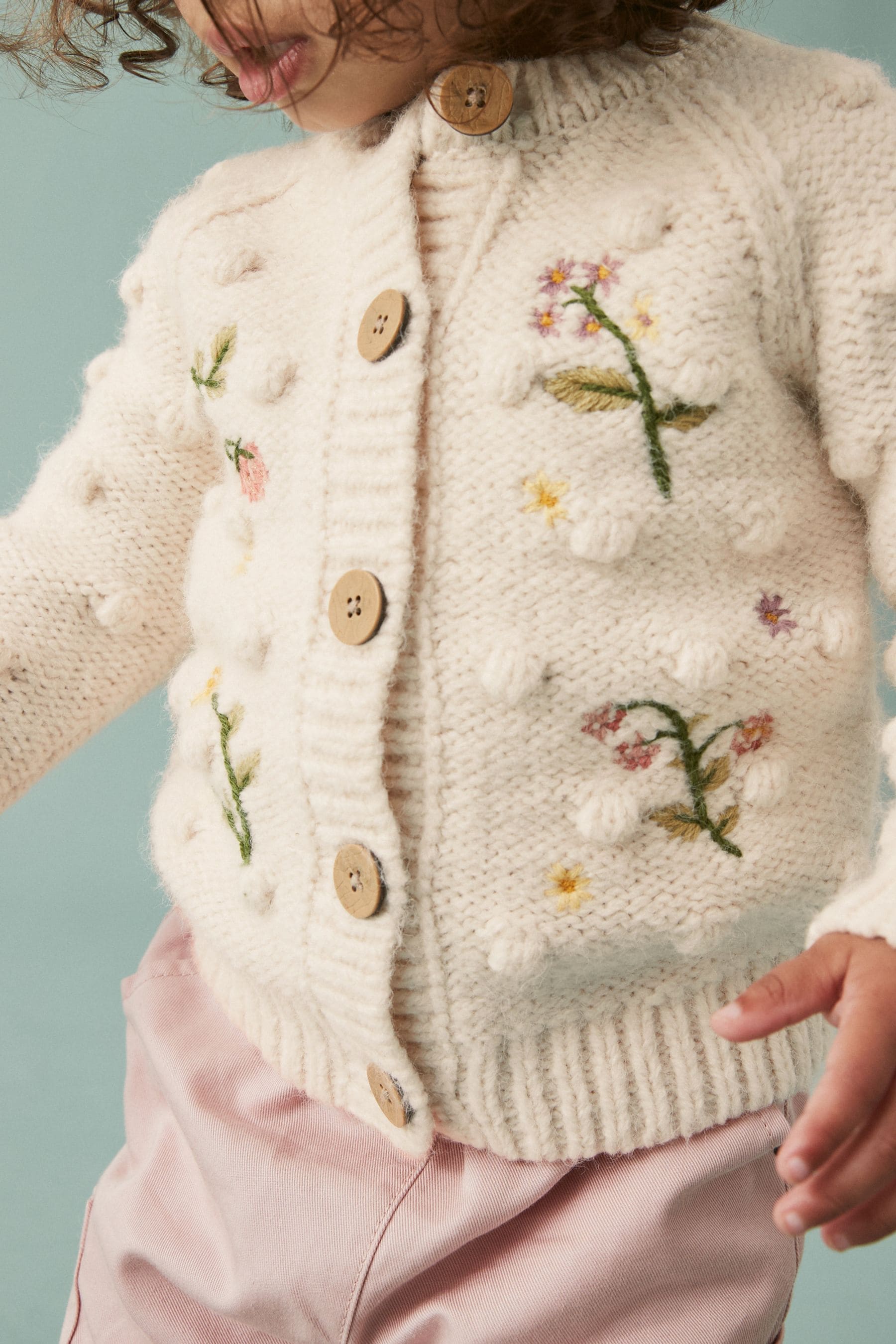 Ecru Cream Marl Chunky Knit Bobble Cardigan (3mths-10yrs)