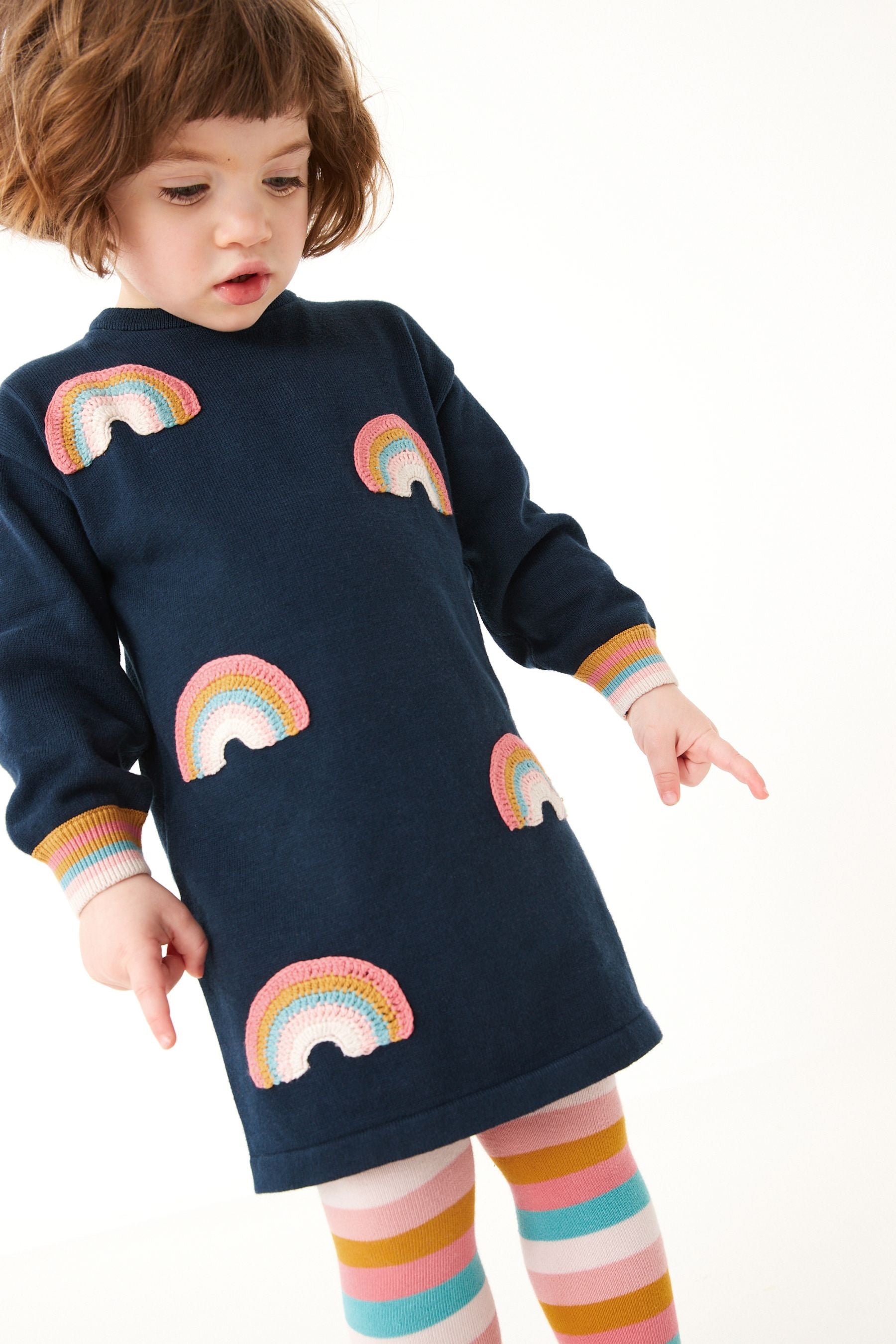 Navy Blue Rainbow Jumper Dress & Tights Set (3mths-7yrs)