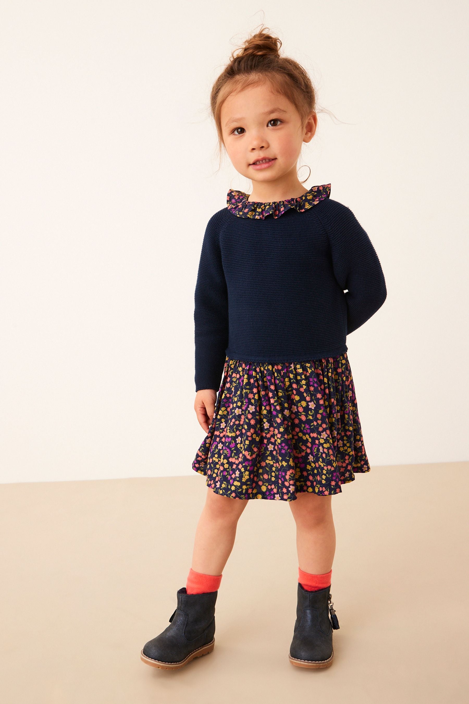 Navy Blue Jumper Dress With Printed Skirt (3mths-7yrs)