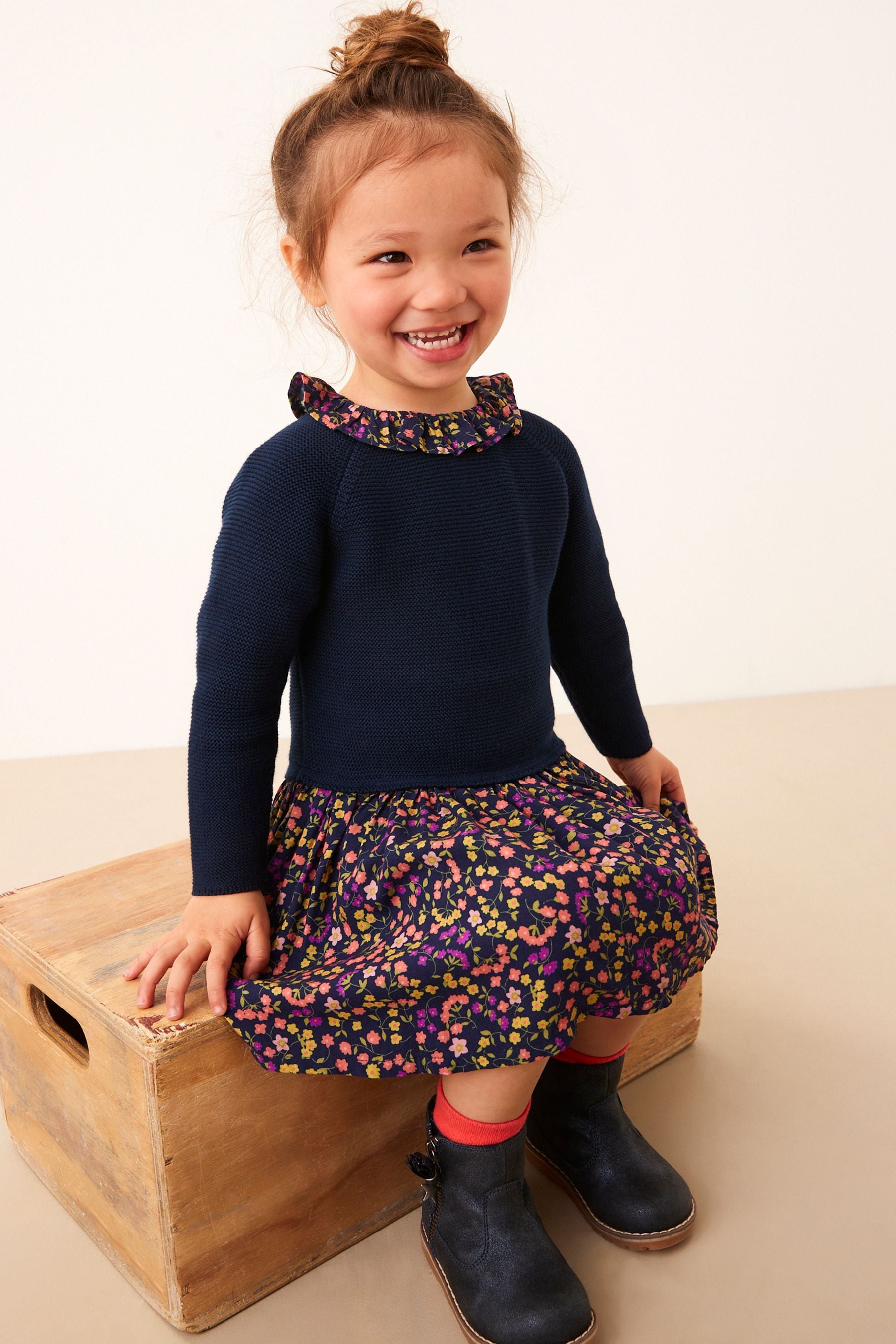 Navy Blue Jumper Dress With Printed Skirt (3mths-7yrs)