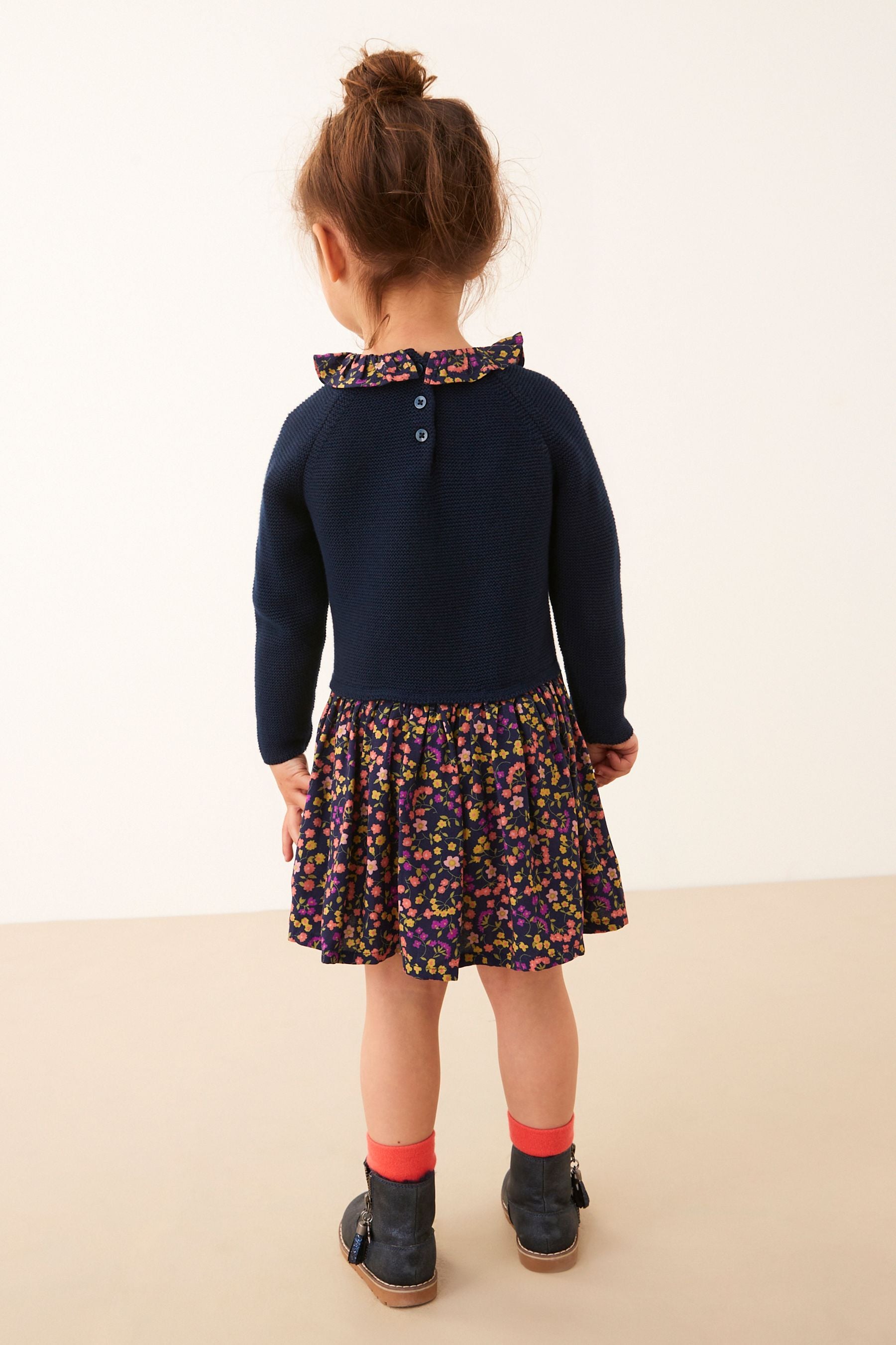 Navy Blue Jumper Dress With Printed Skirt (3mths-7yrs)