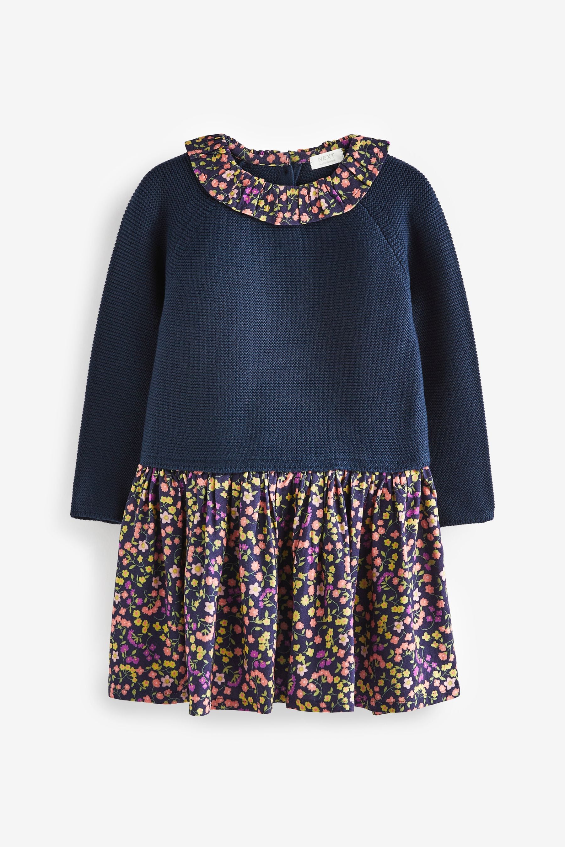 Navy Blue Jumper Dress With Printed Skirt (3mths-7yrs)