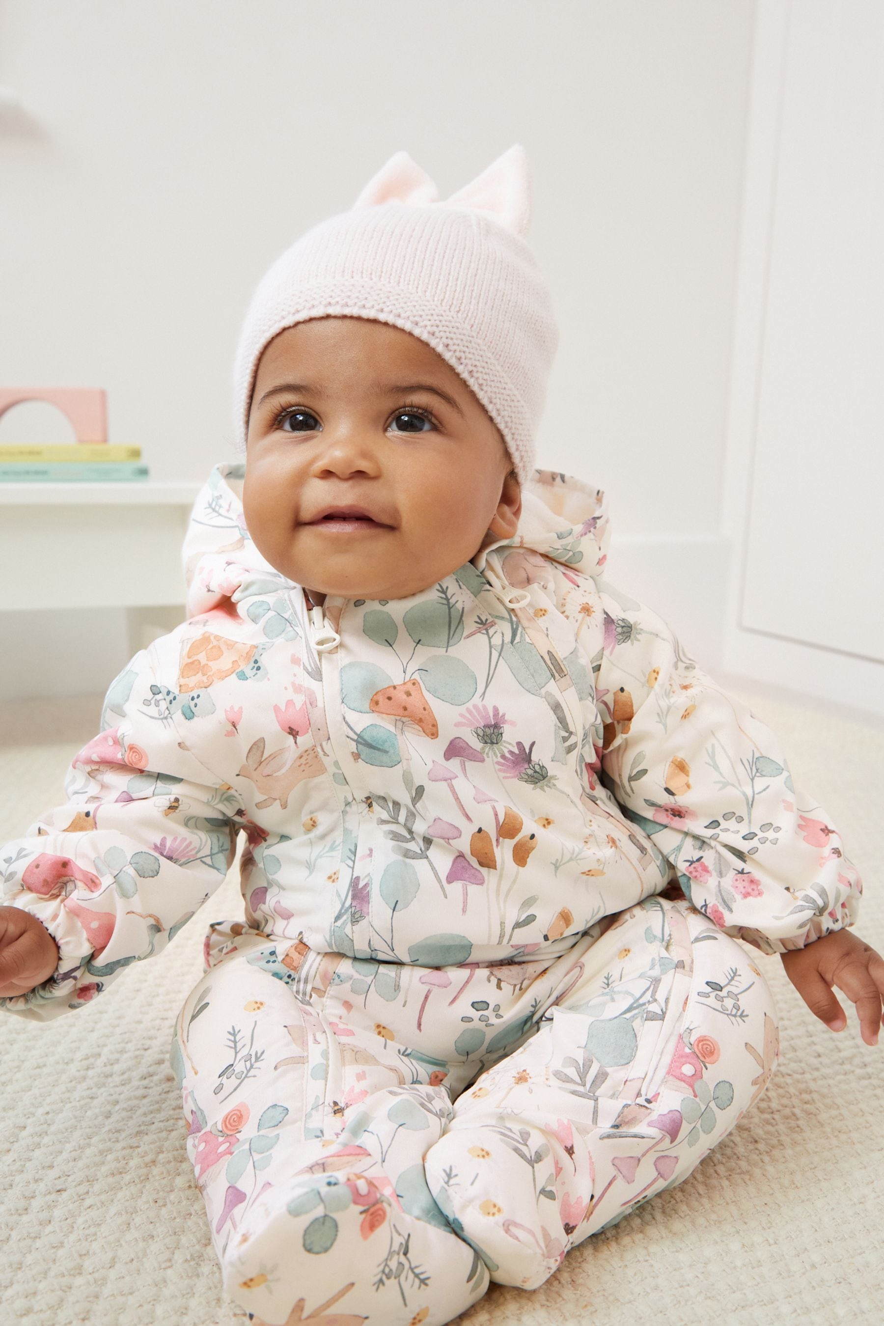 Ecru Cream Floral Bunny Lightweight Baby Pramsuit All-In-One (0mths-2yrs)