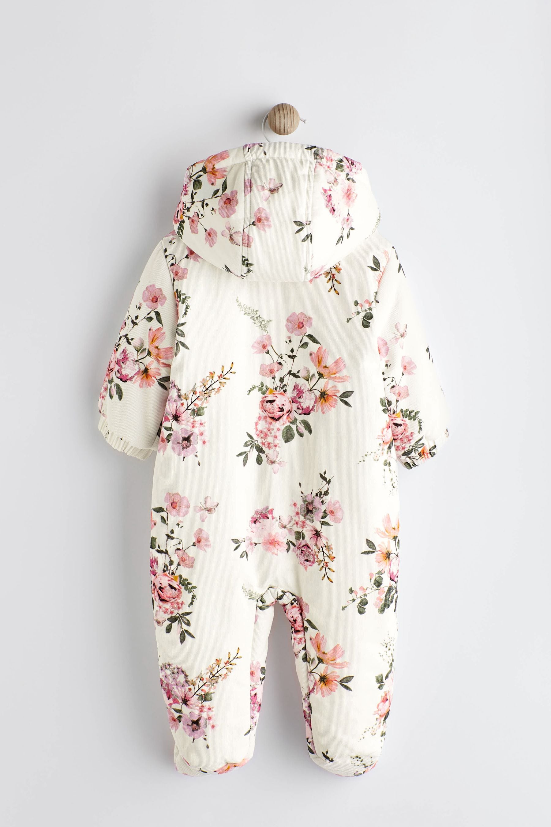 Cream Floral Corduroy Fleece Lined Baby All-In-One Pramsuit (0mths-2yrs)