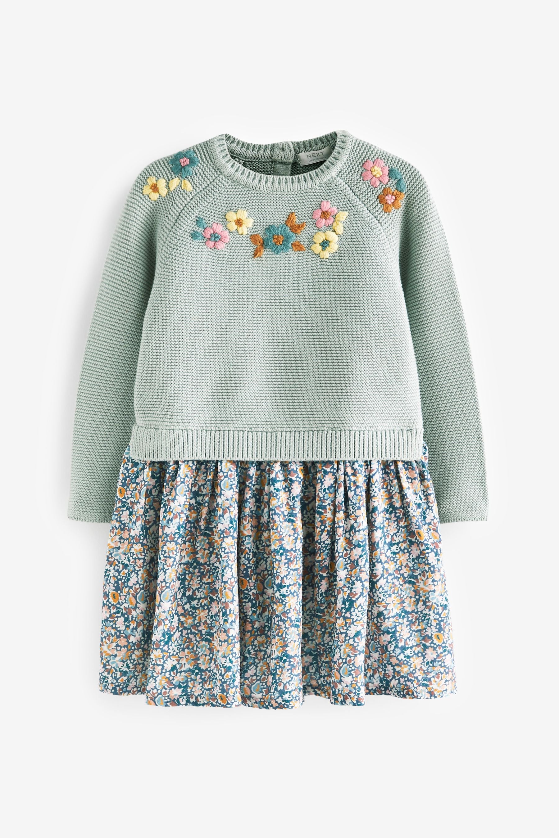 Blue Floral Jumper Dress With Printed Skirt (3mths-7yrs)