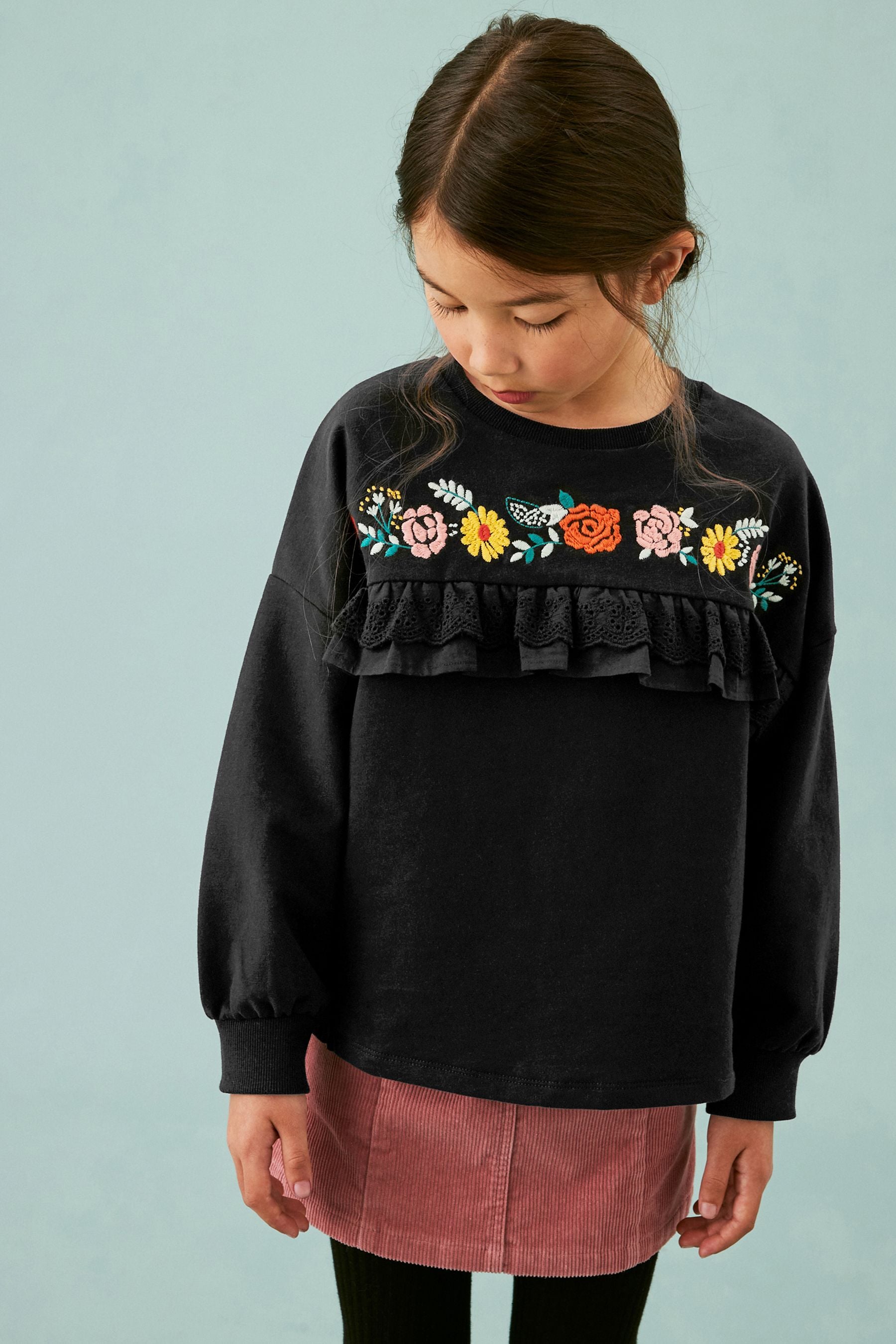 Black Embroidered Floral Sweatshirt (3-16yrs)