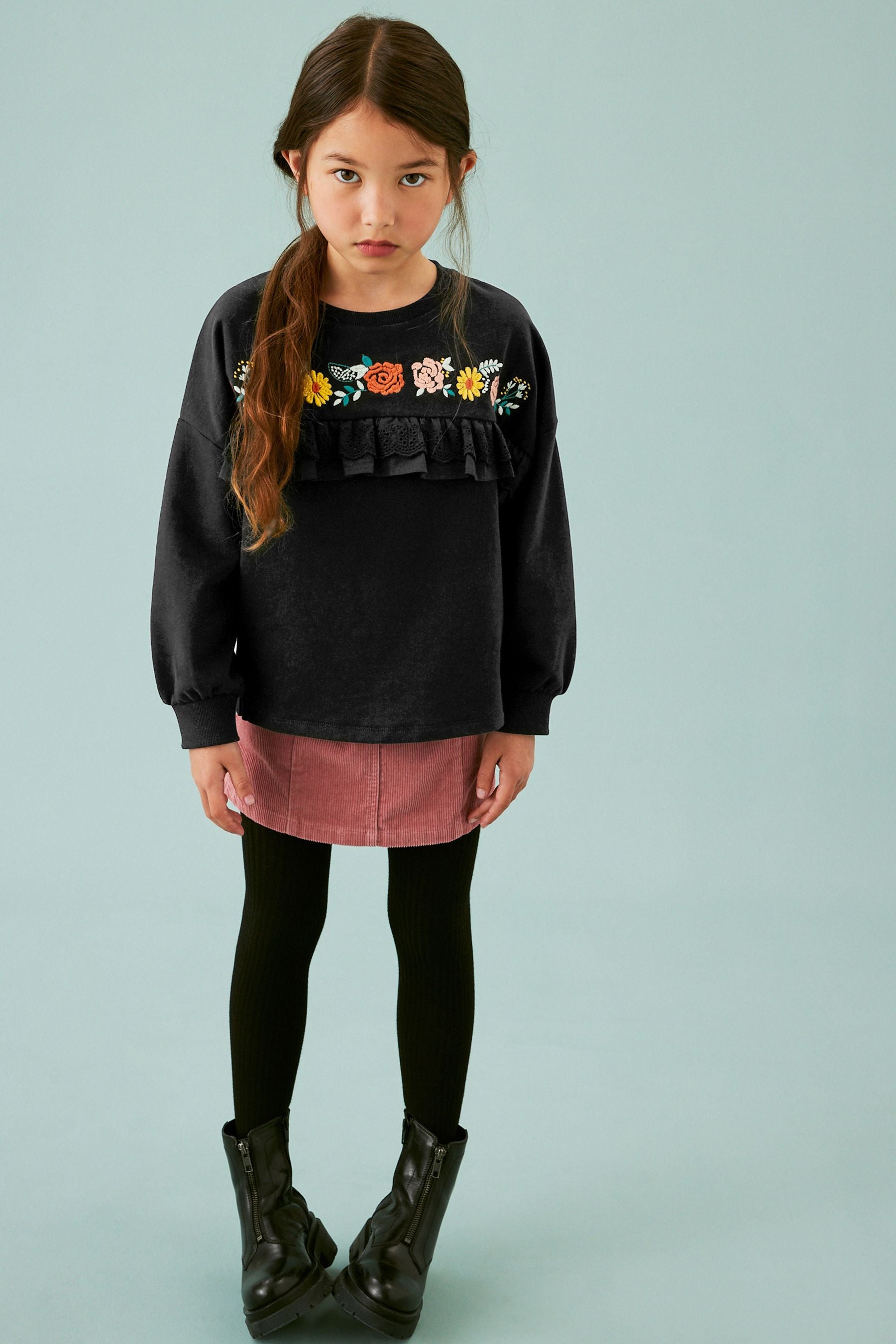 Black Embroidered Floral Sweatshirt (3-16yrs)