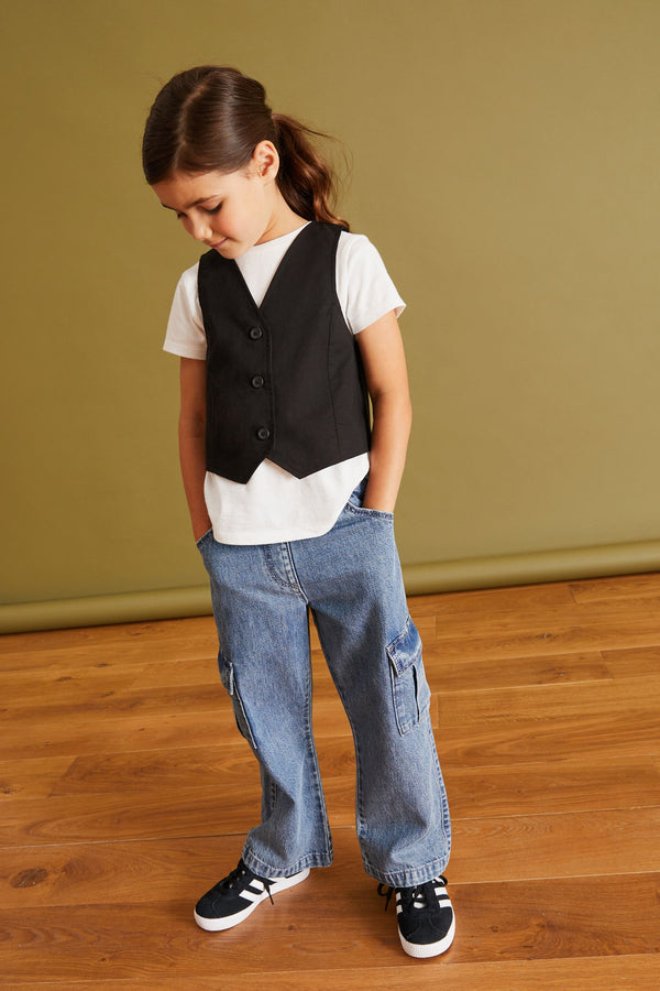 Black/White Waistcoat And T-Shirt Set (3-16yrs)