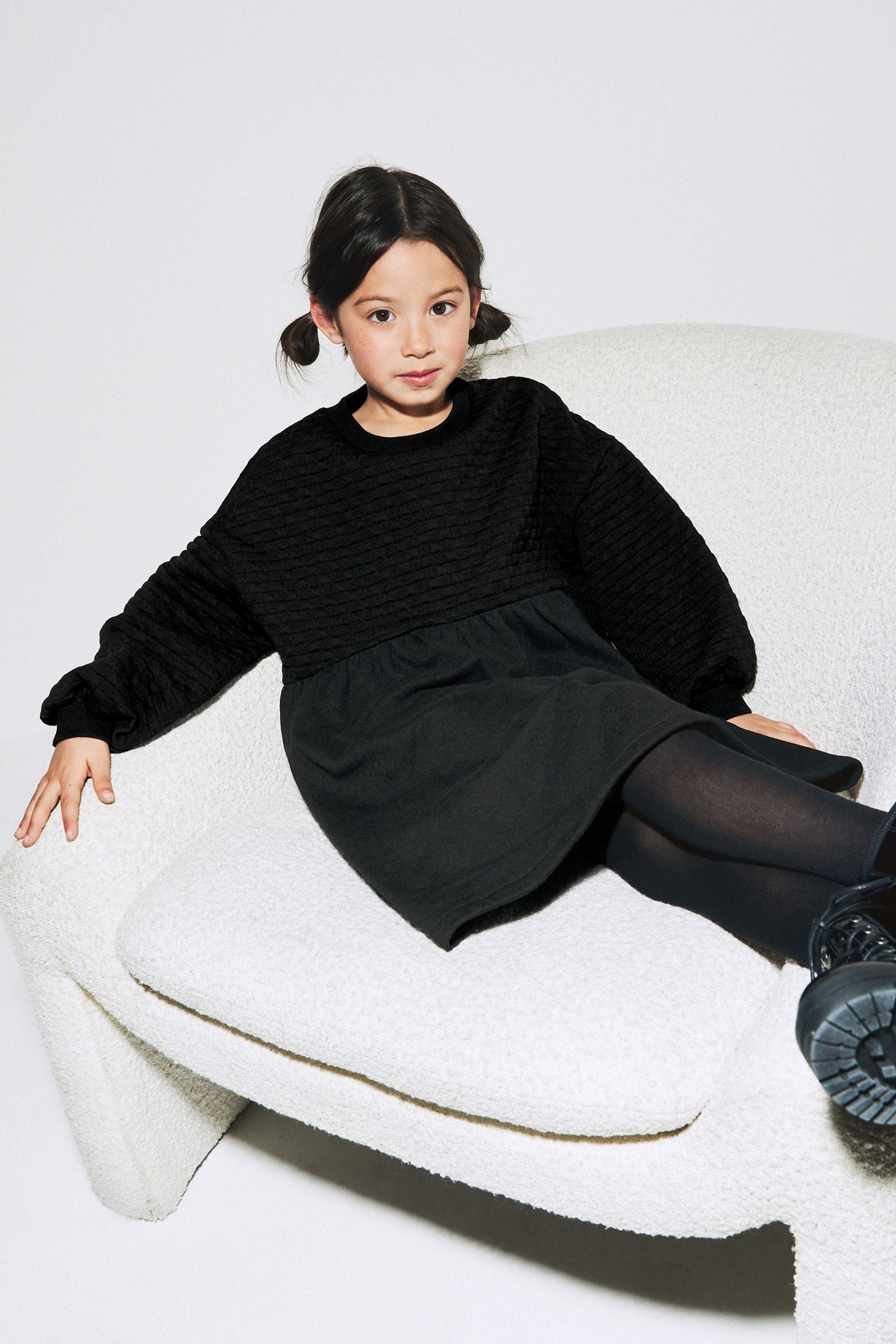 Black Quilted Cosy Long Sleeve Dress (3-16yrs)