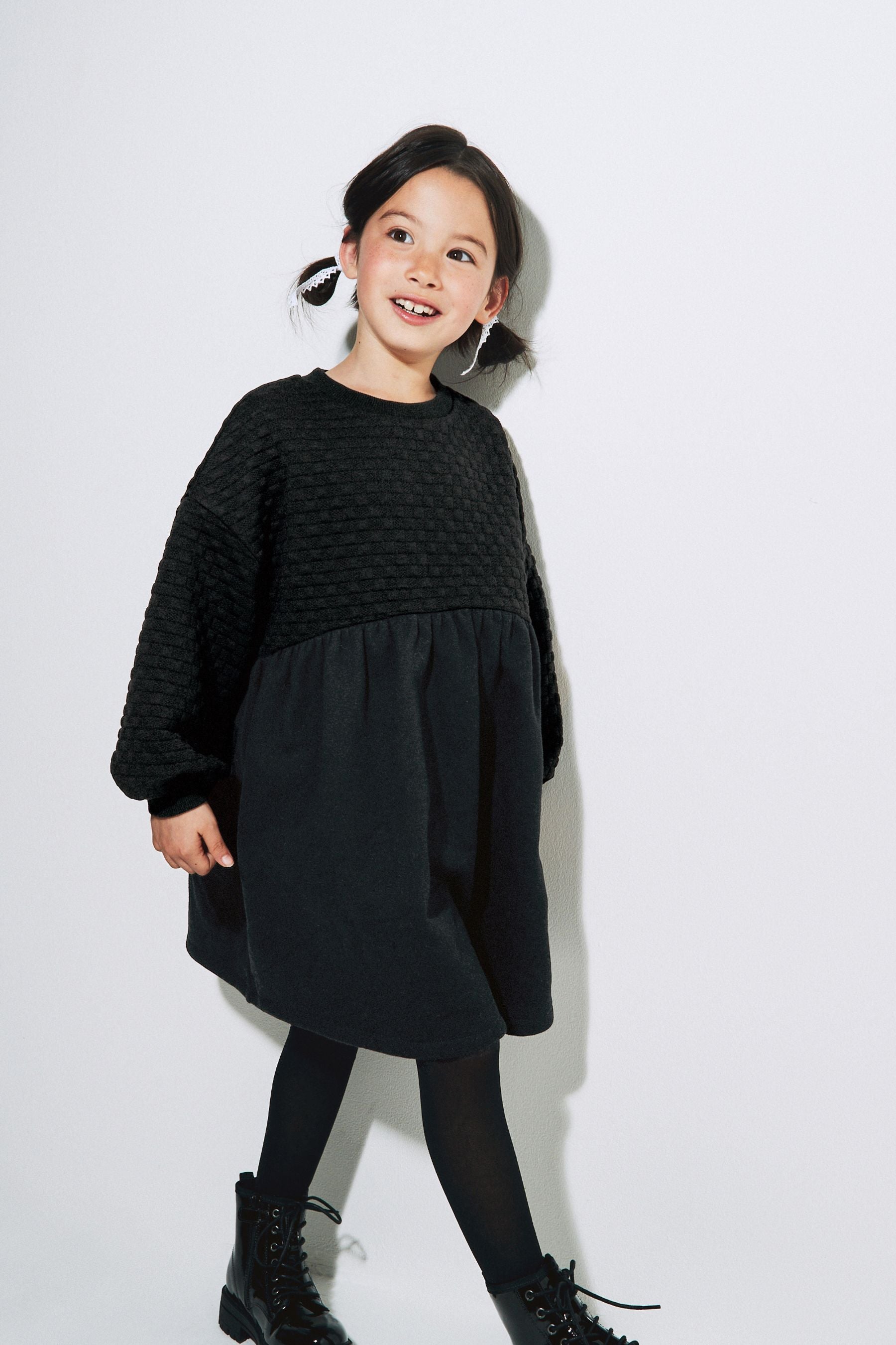 Black Quilted Cosy Long Sleeve Dress (3-16yrs)