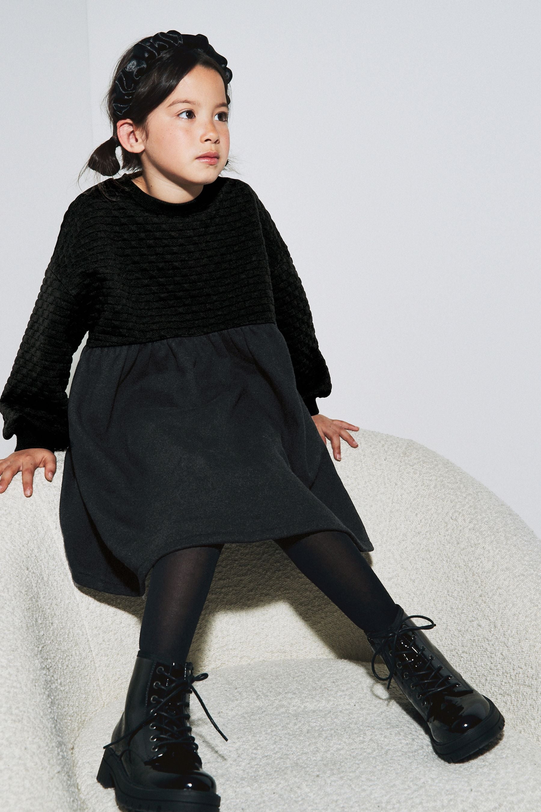 Black Quilted Cosy Long Sleeve Dress (3-16yrs)