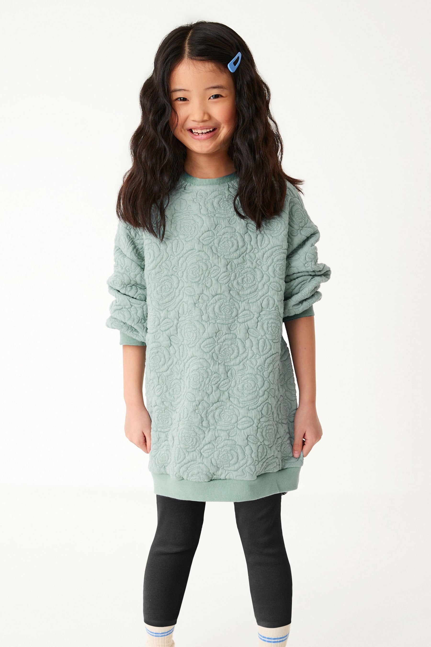 Mint Green/ Blue Floral Quilted Soft Jumper Dress (3-16yrs)