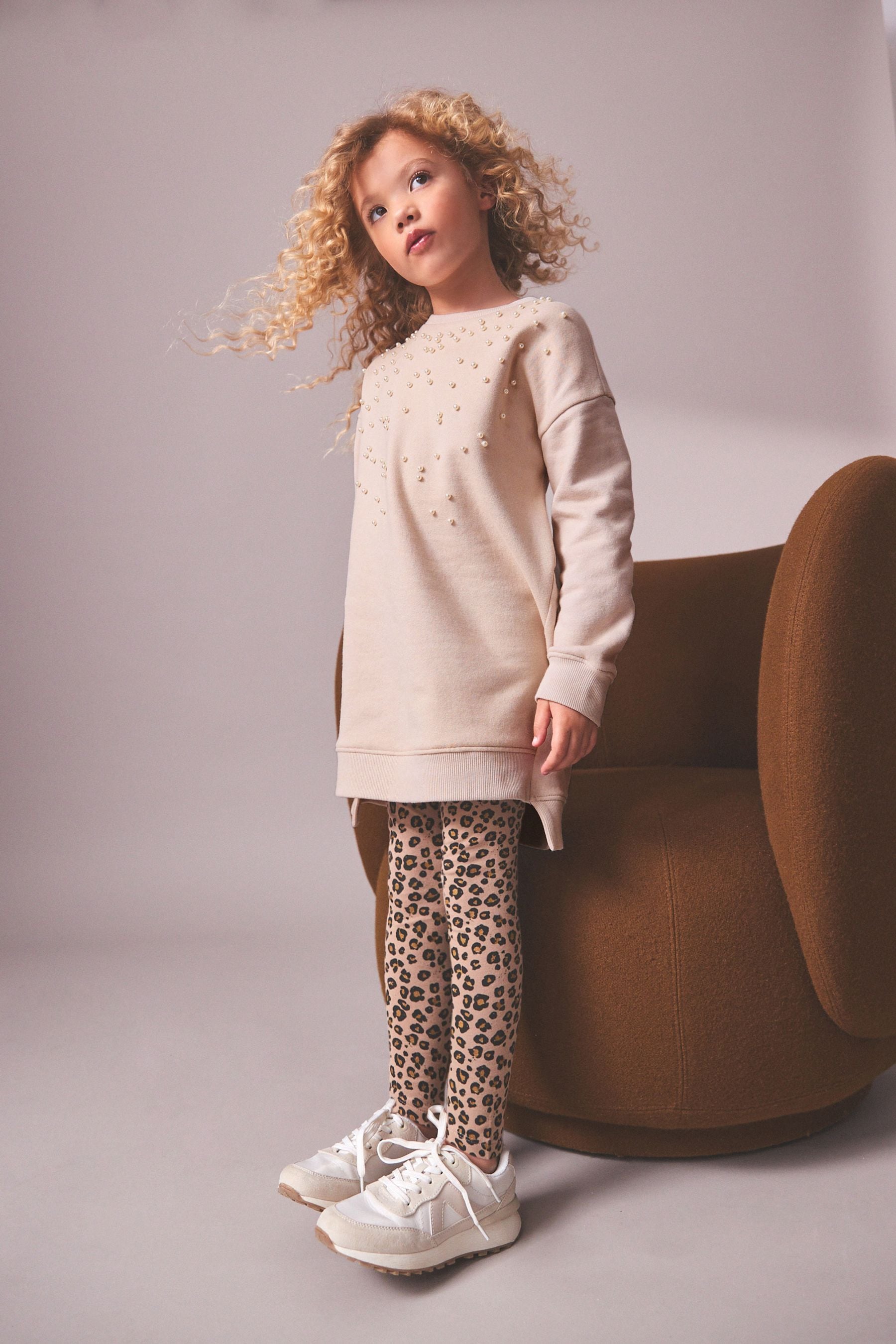 Neutral Pearl Embellished Soft Jumper Dress (3-16yrs)