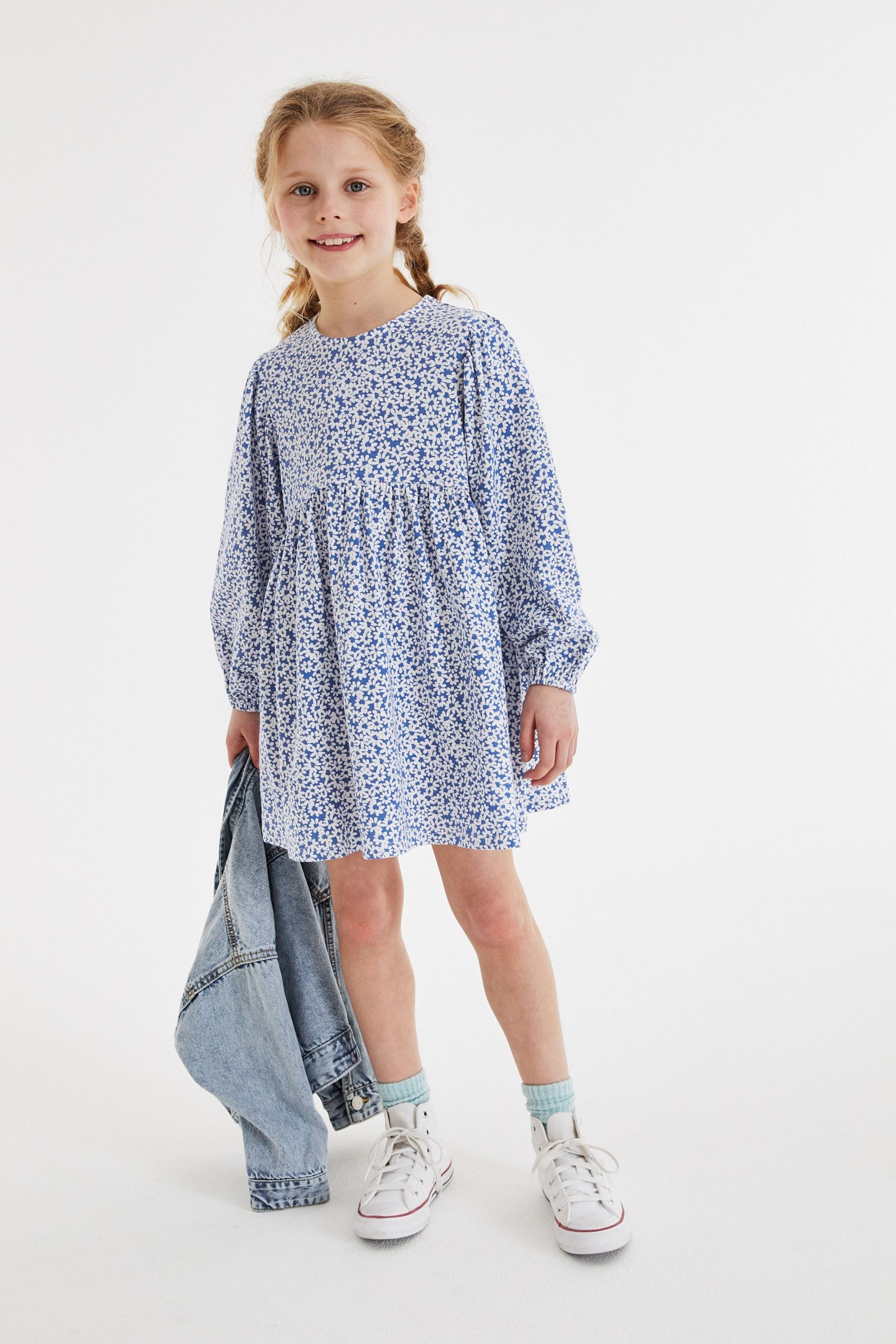 Blue/White Daisy Flower Print Long Sleeve Jersey Dress (3-16yrs)