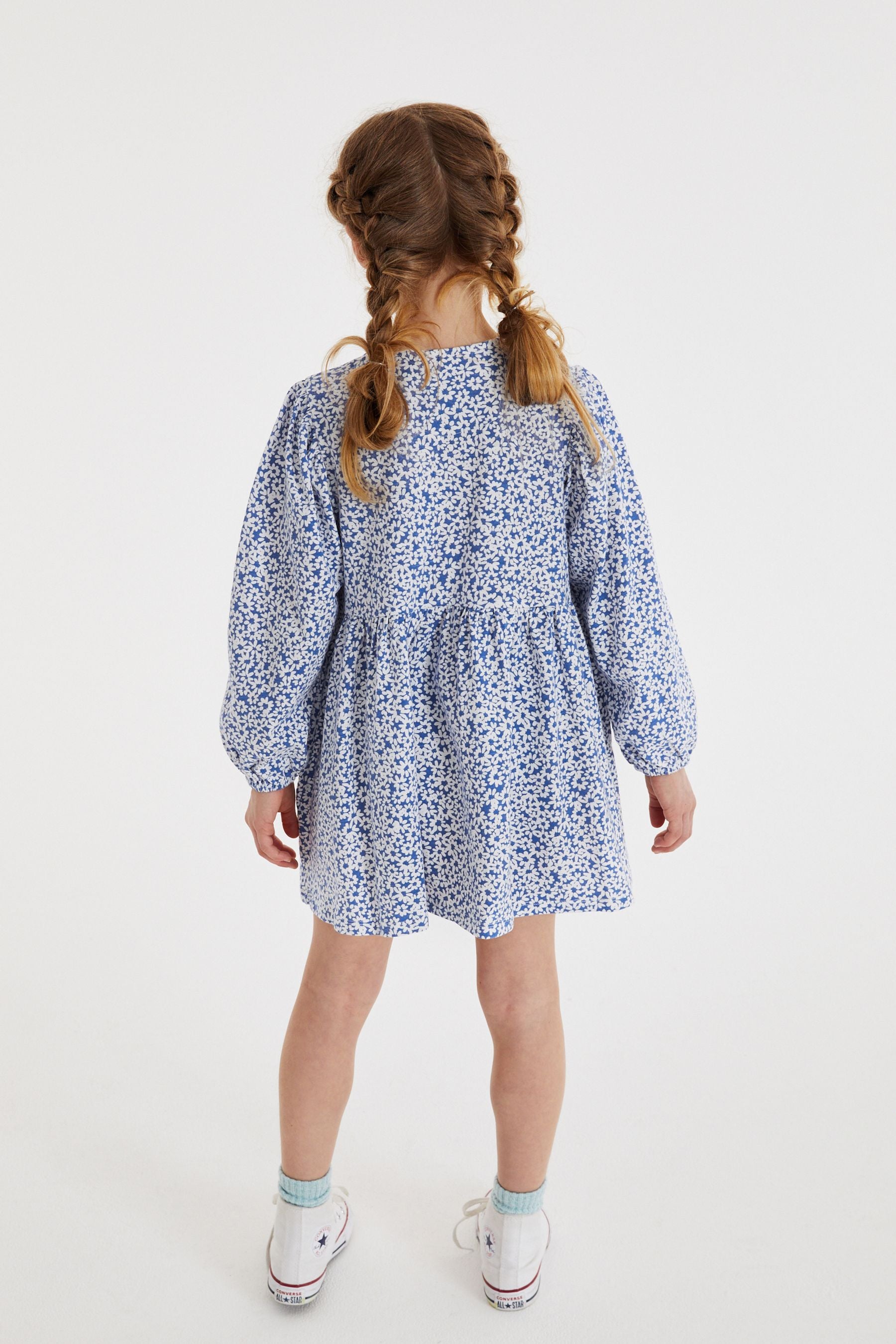 Blue/White Daisy Flower Print Long Sleeve Jersey Dress (3-16yrs)