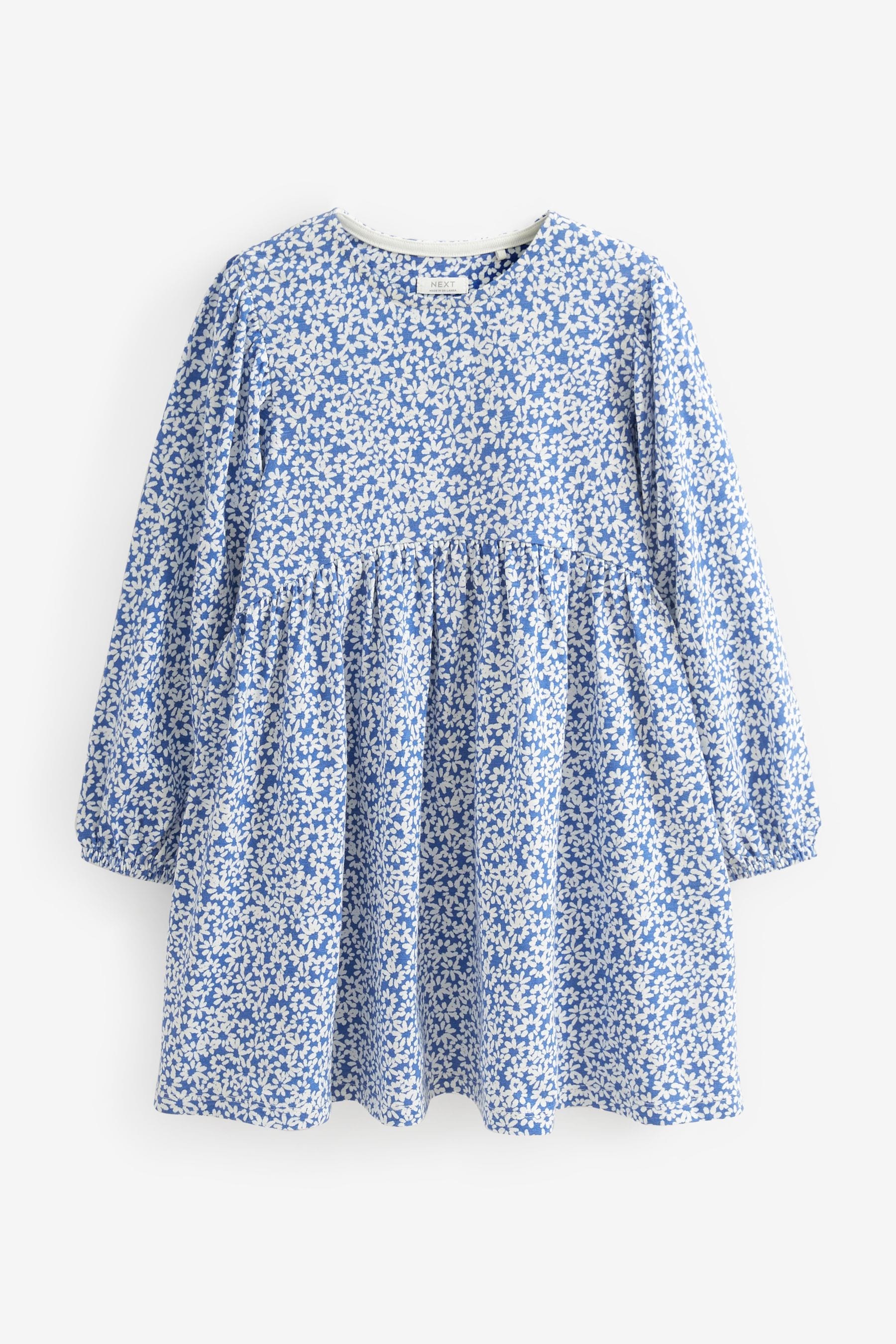 Blue/White Daisy Flower Print Long Sleeve Jersey Dress (3-16yrs)