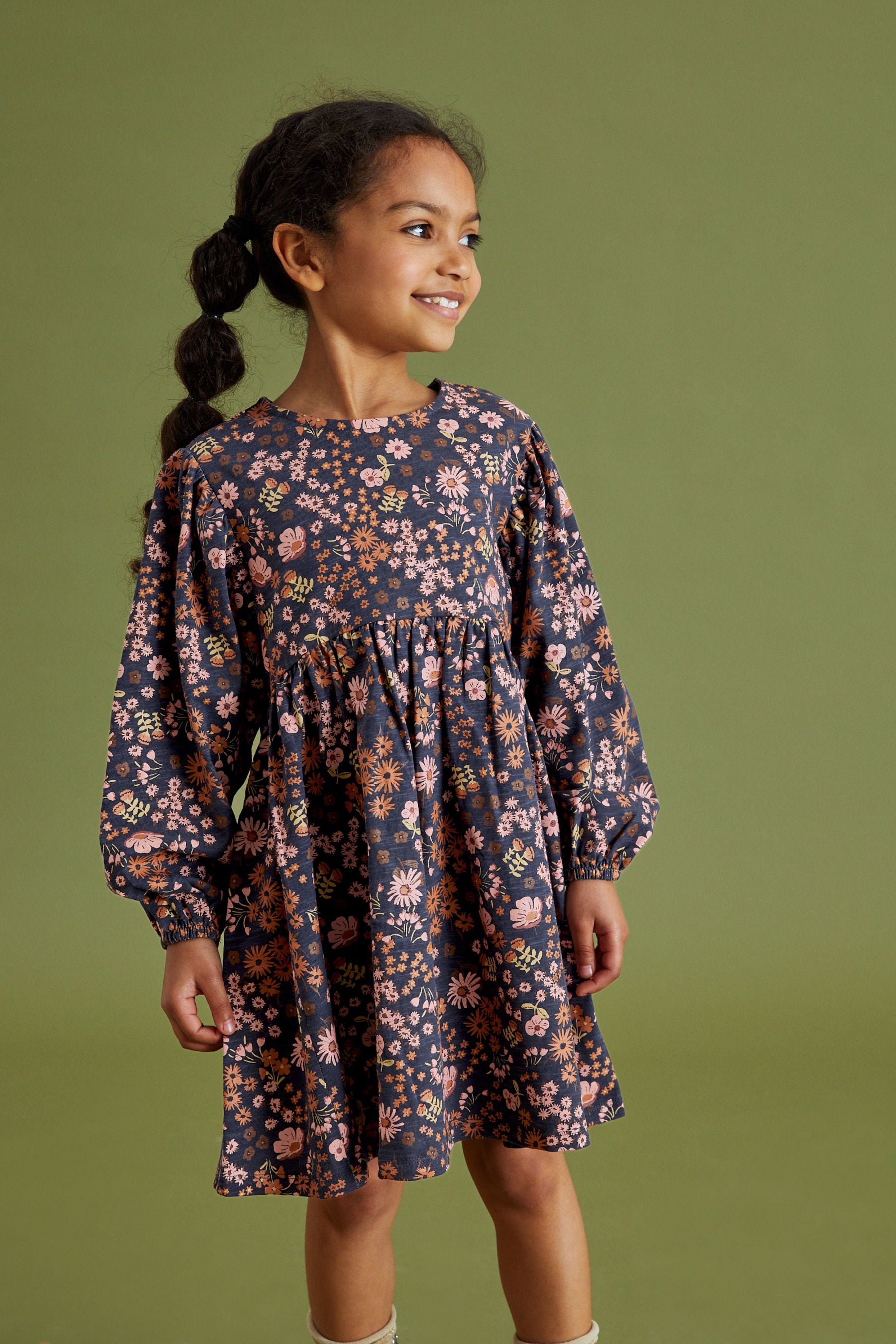 Navy Blue/Pink Dark Floral Print Long Sleeve Jersey Dress (3-16yrs)