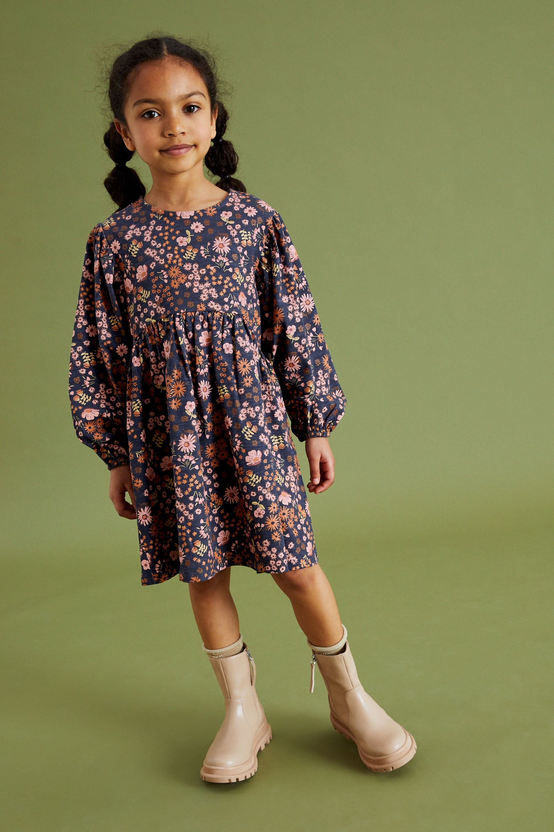 Navy Blue/Pink Dark Floral Print Long Sleeve Jersey Dress (3-16yrs)