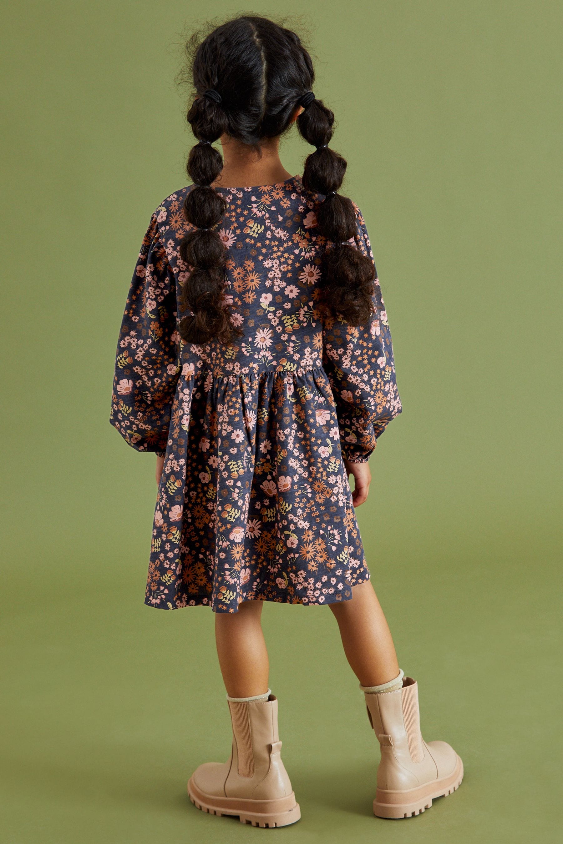 Navy Blue/Pink Dark Floral Print Long Sleeve Jersey Dress (3-16yrs)