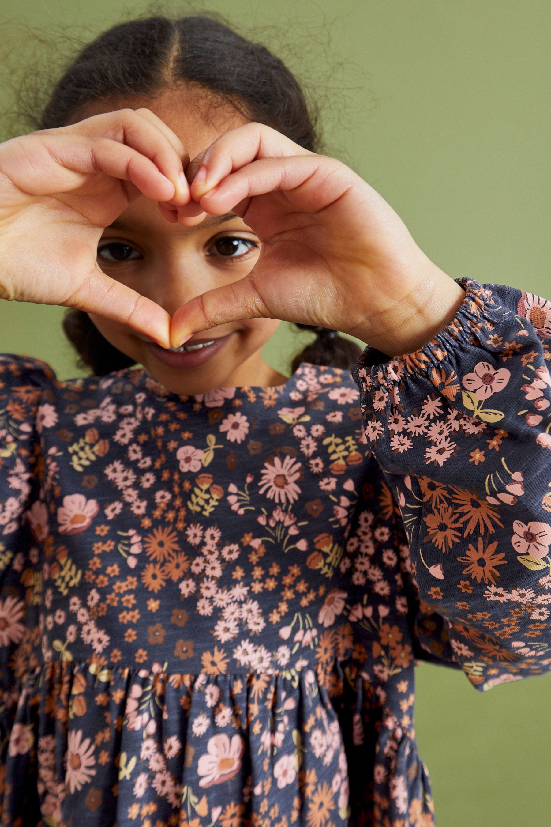 Navy Blue/Pink Dark Floral Print Long Sleeve Jersey Dress (3-16yrs)