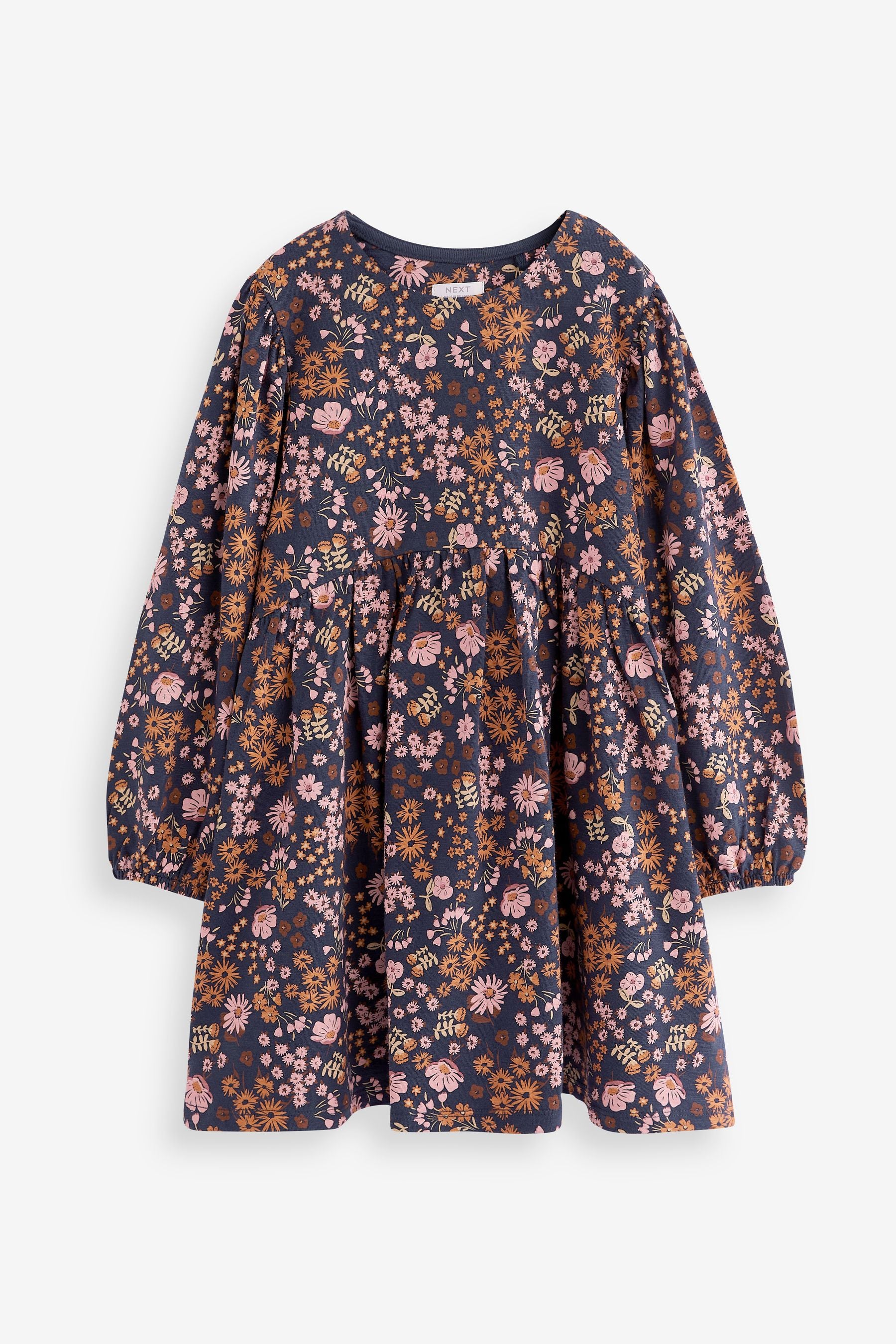 Navy Blue/Pink Dark Floral Print Long Sleeve Jersey Dress (3-16yrs)