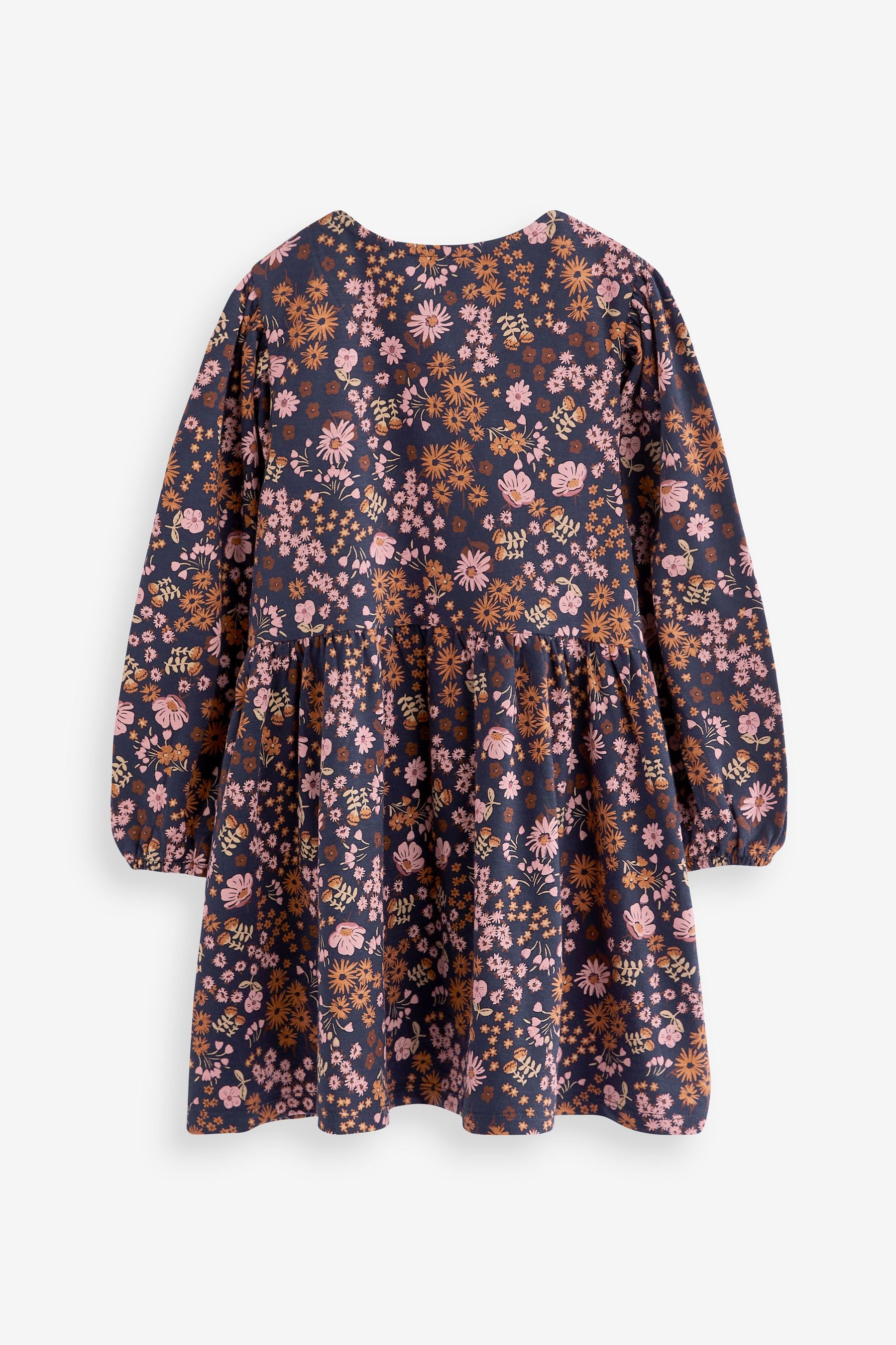 Navy Blue/Pink Dark Floral Print Long Sleeve Jersey Dress (3-16yrs)