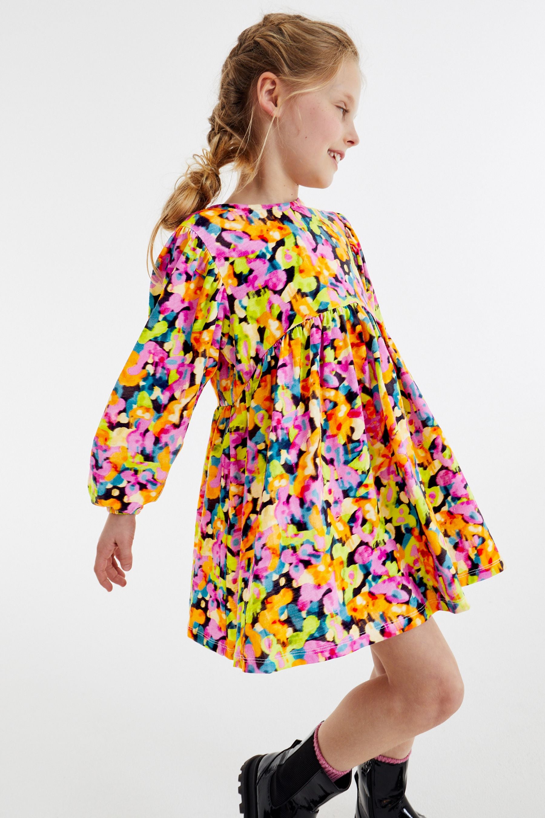 Pink/ Yellow/ Blue/ Black Digital Splat Print Long Sleeve Jersey Dress (3-16yrs)