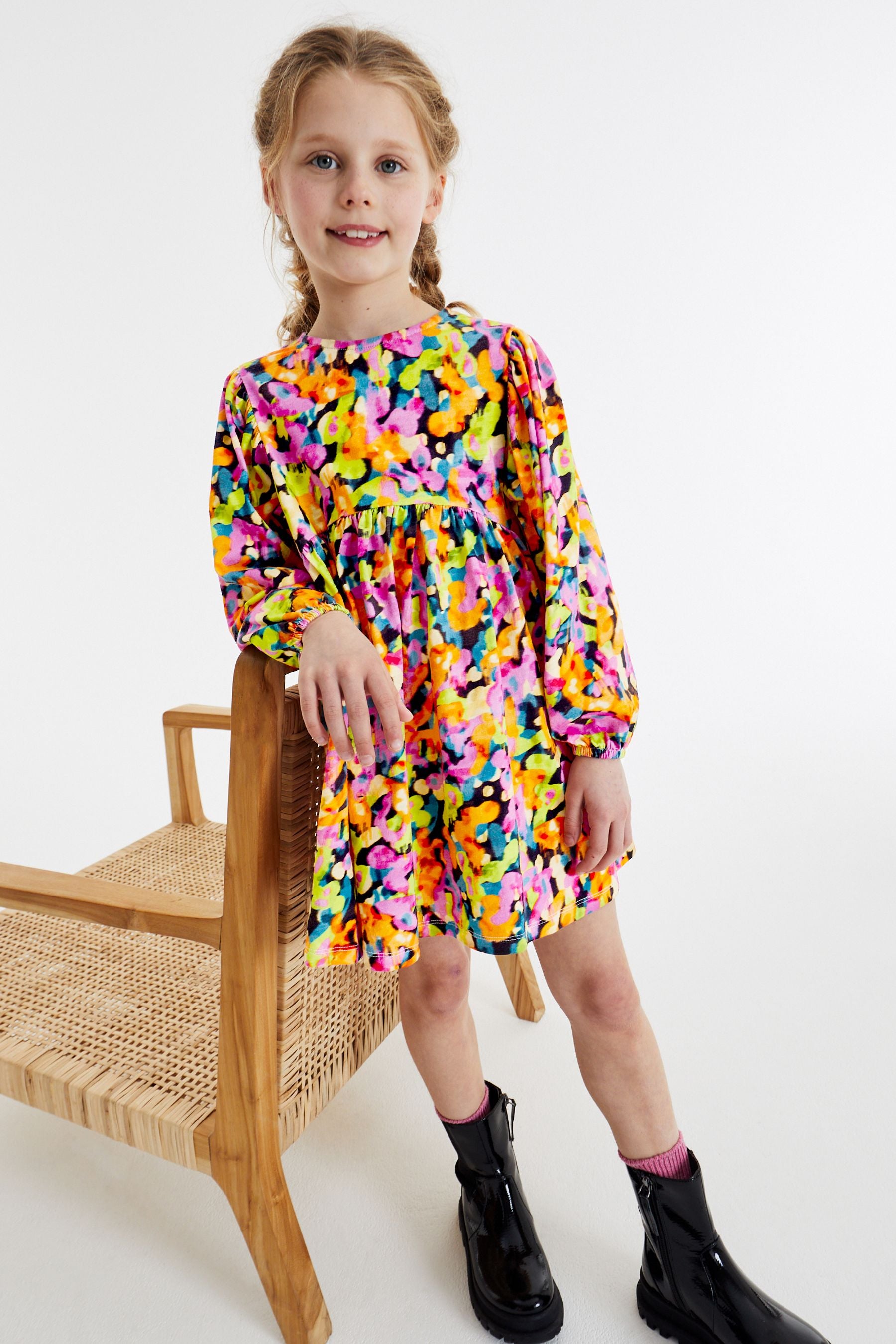 Pink/ Yellow/ Blue/ Black Digital Splat Print Long Sleeve Jersey Dress (3-16yrs)