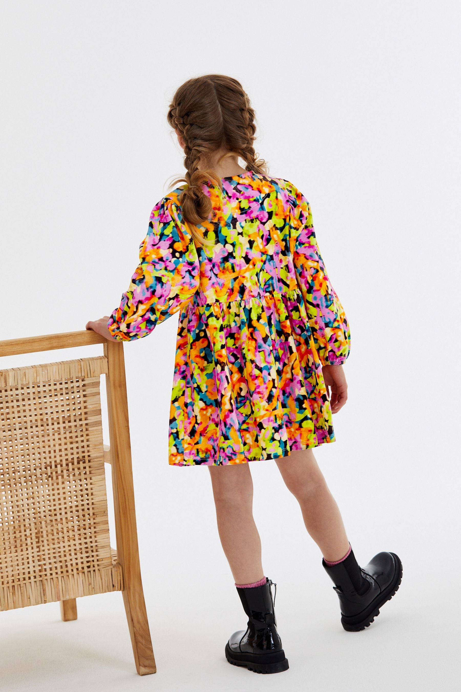 Pink/ Yellow/ Blue/ Black Digital Splat Print Long Sleeve Jersey Dress (3-16yrs)