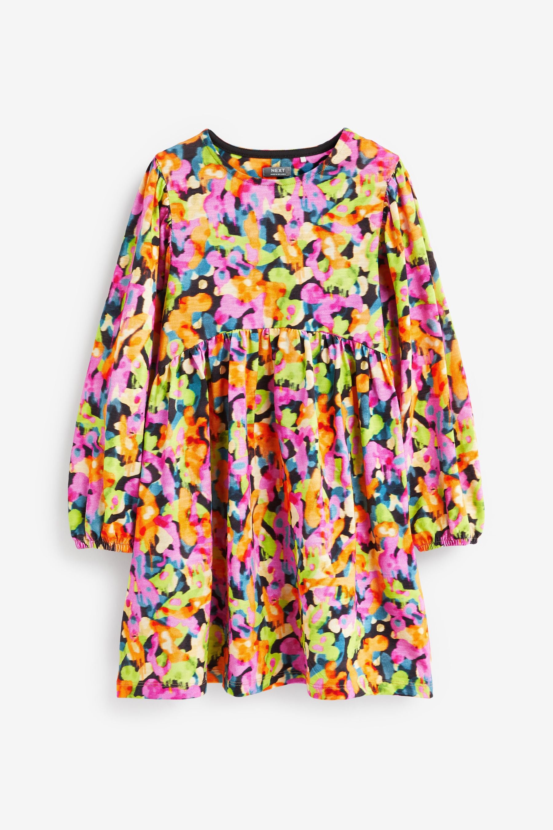 Pink/ Yellow/ Blue/ Black Digital Splat Print Long Sleeve Jersey Dress (3-16yrs)