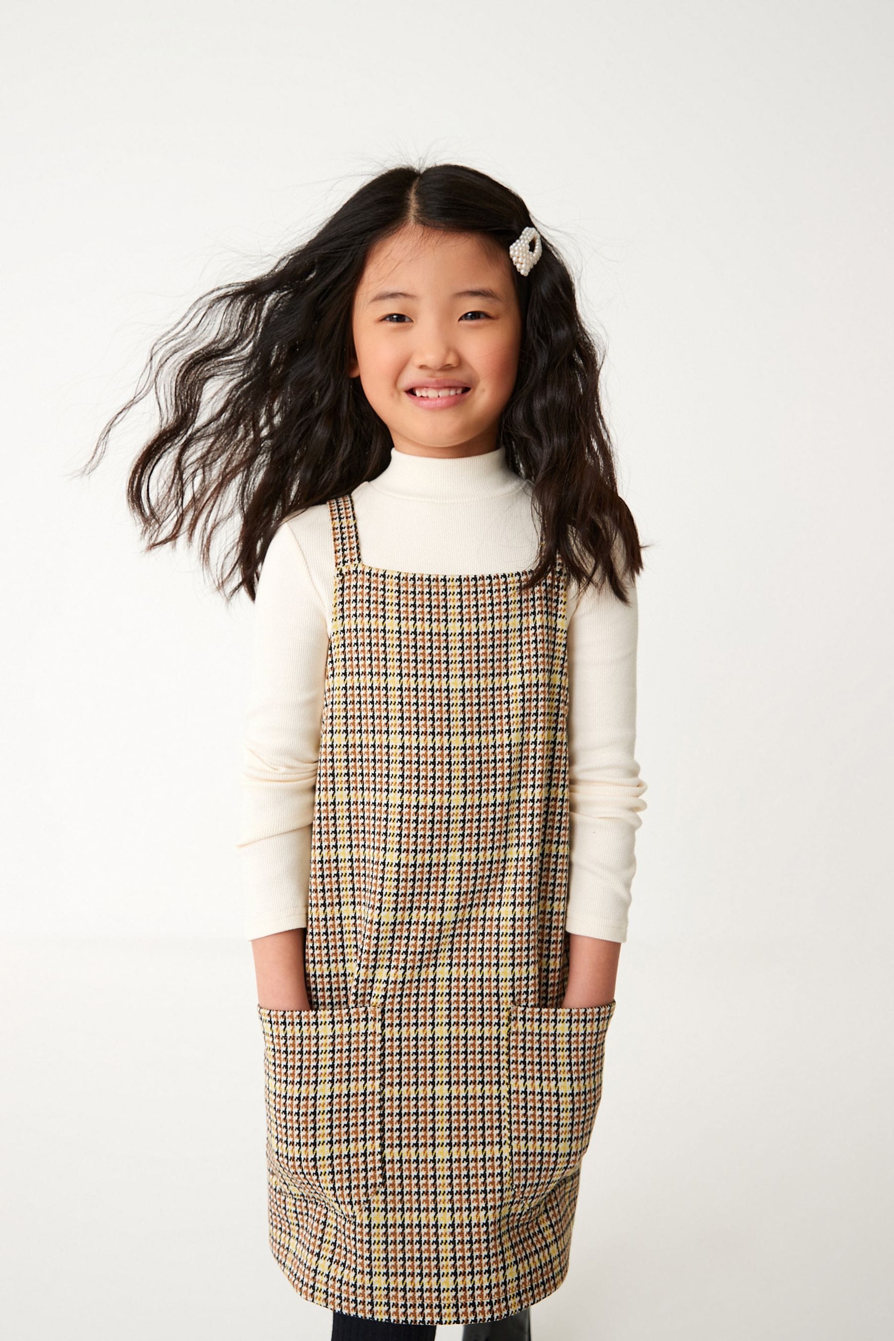 Neutral Check Jacquard Pinafore Dress And Top Set (3-16yrs)