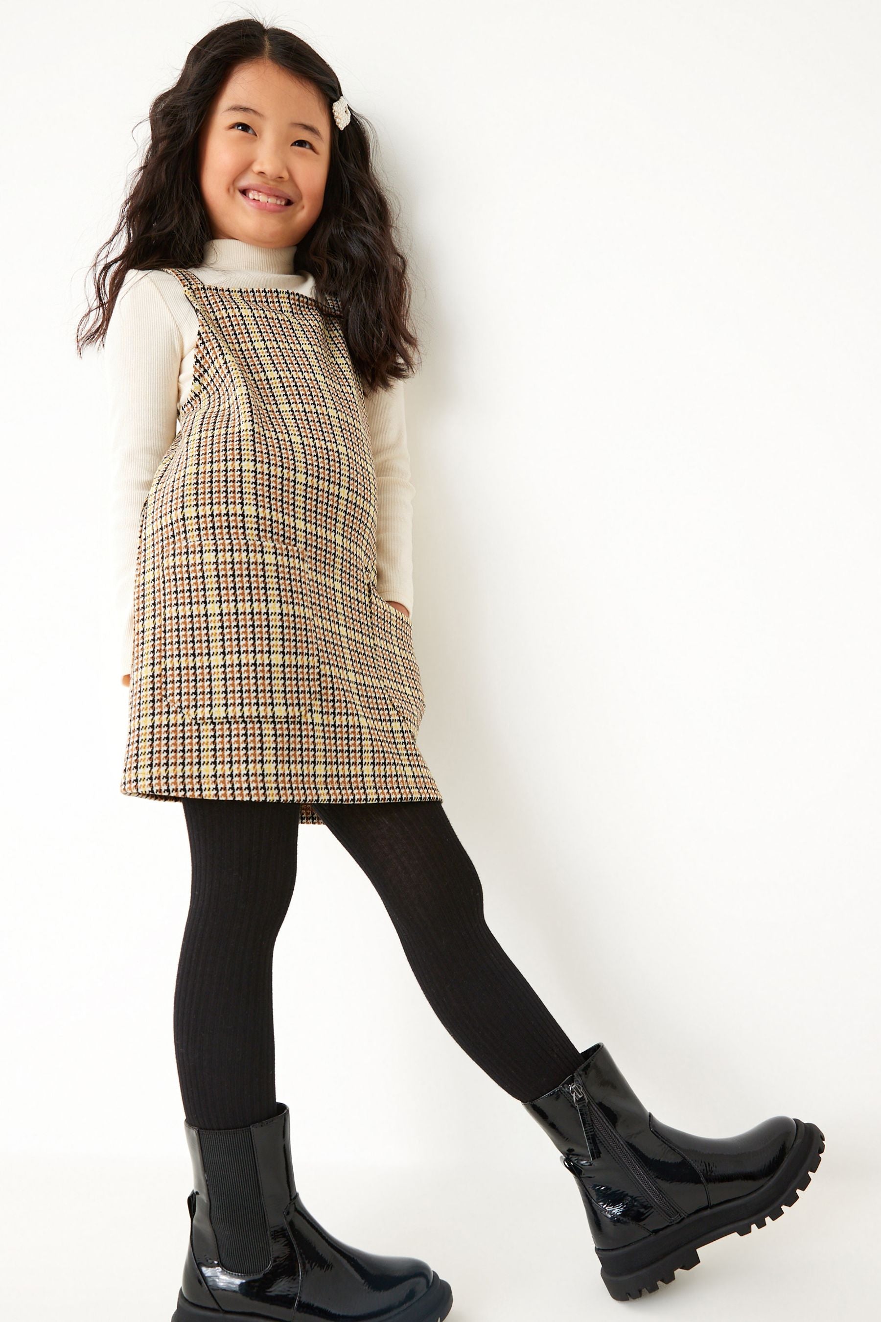 Neutral Check Jacquard Pinafore Dress And Top Set (3-16yrs)