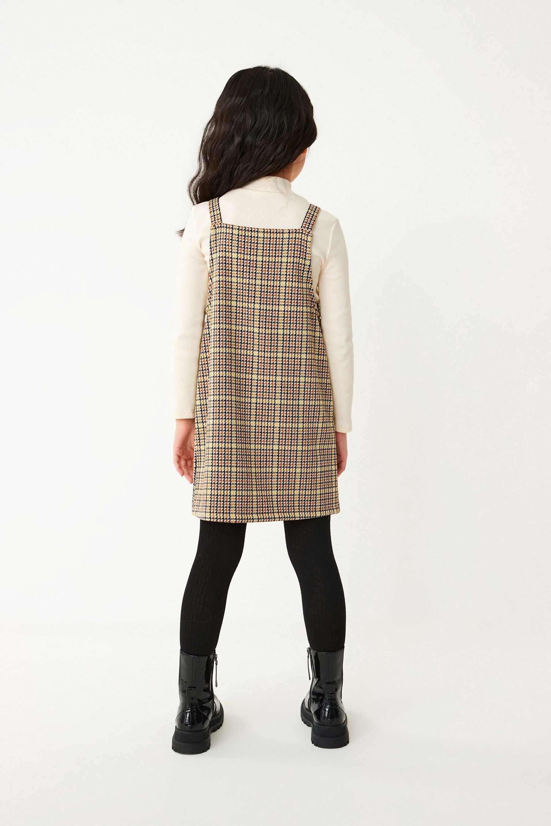 Neutral Check Jacquard Pinafore Dress And Top Set (3-16yrs)