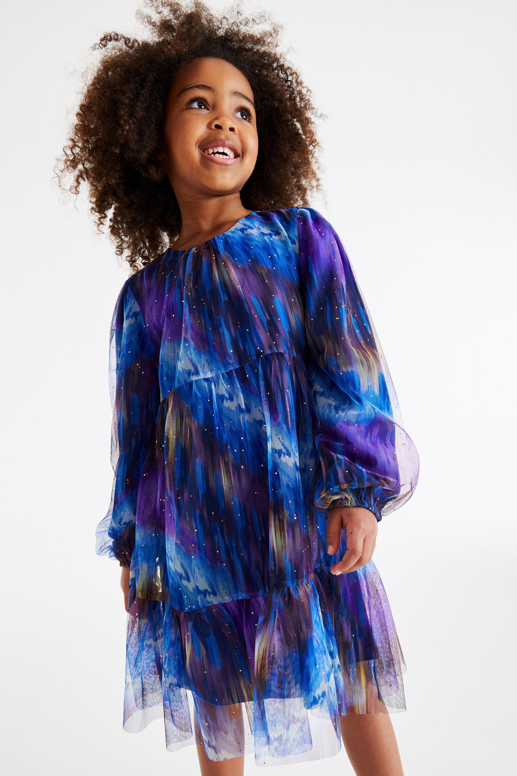 Blue/Purple Sparkle Tie Dye Tiered Tulle Mesh Dress (3-16yrs)