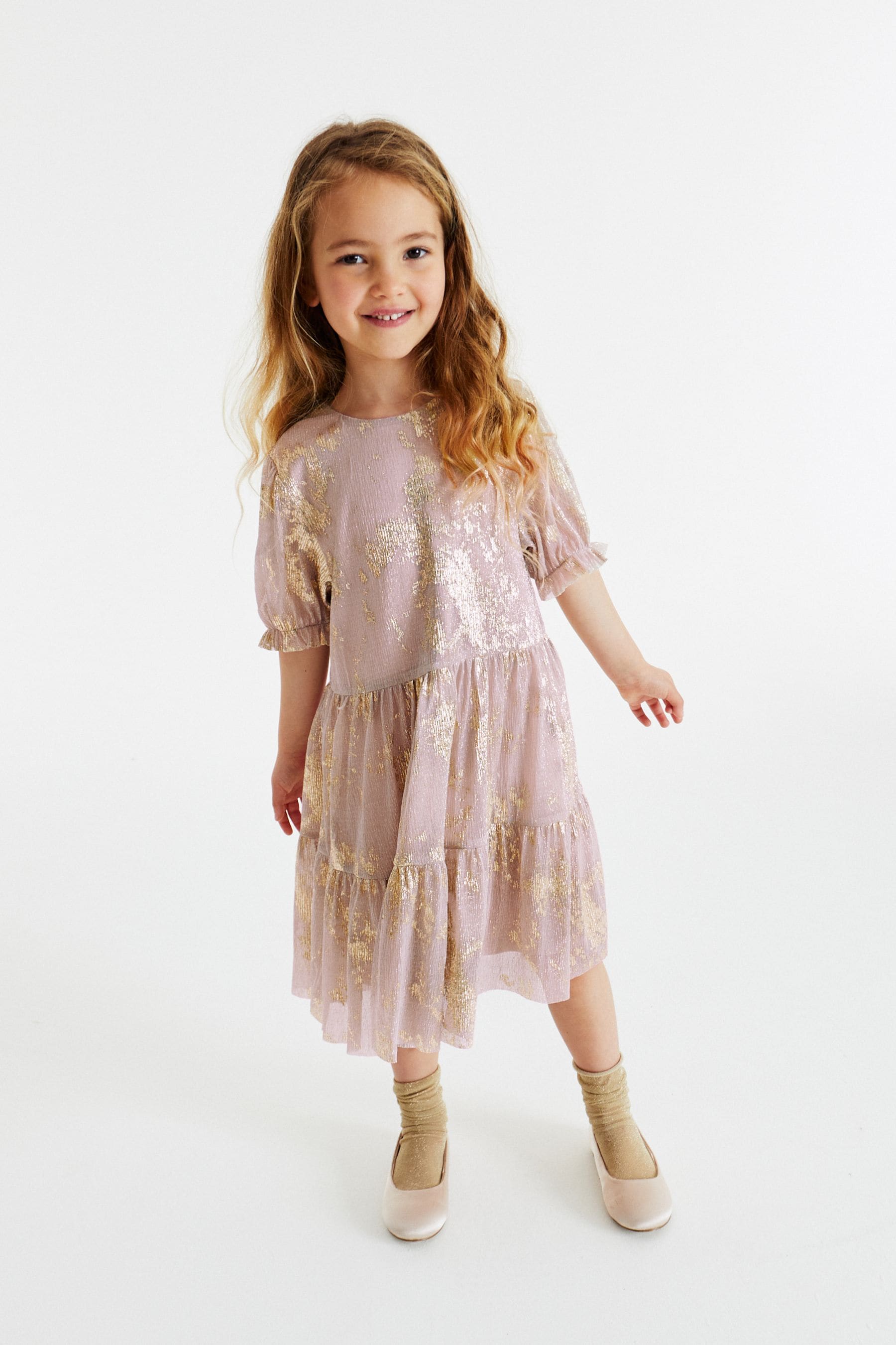 Pink/Gold Foil Sparkle Mesh Short Sleeve Tiered Party Dress (3-16yrs)