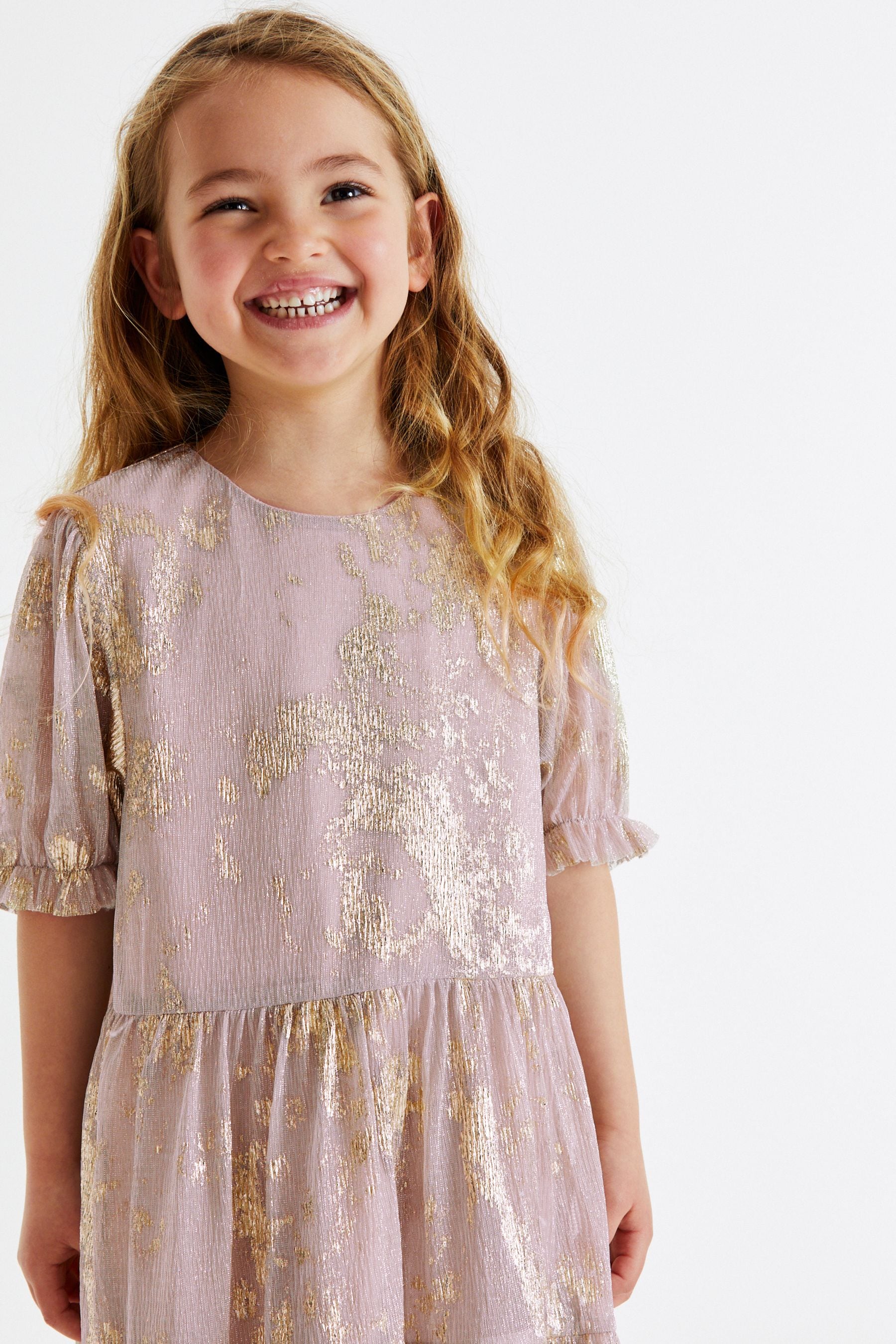 Pink/Gold Foil Sparkle Mesh Short Sleeve Tiered Party Dress (3-16yrs)