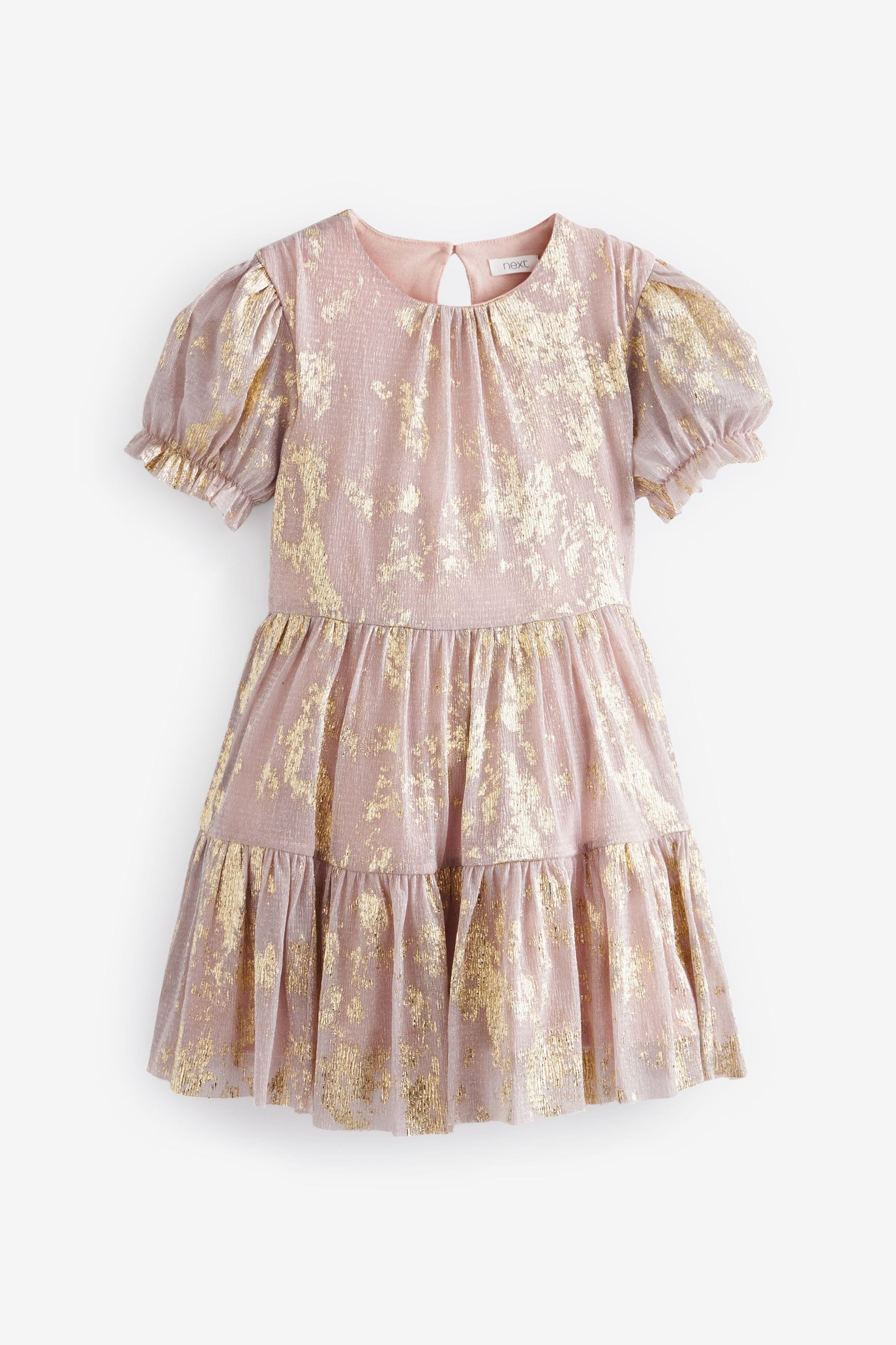 Pink/Gold Foil Sparkle Mesh Short Sleeve Tiered Party Dress (3-16yrs)