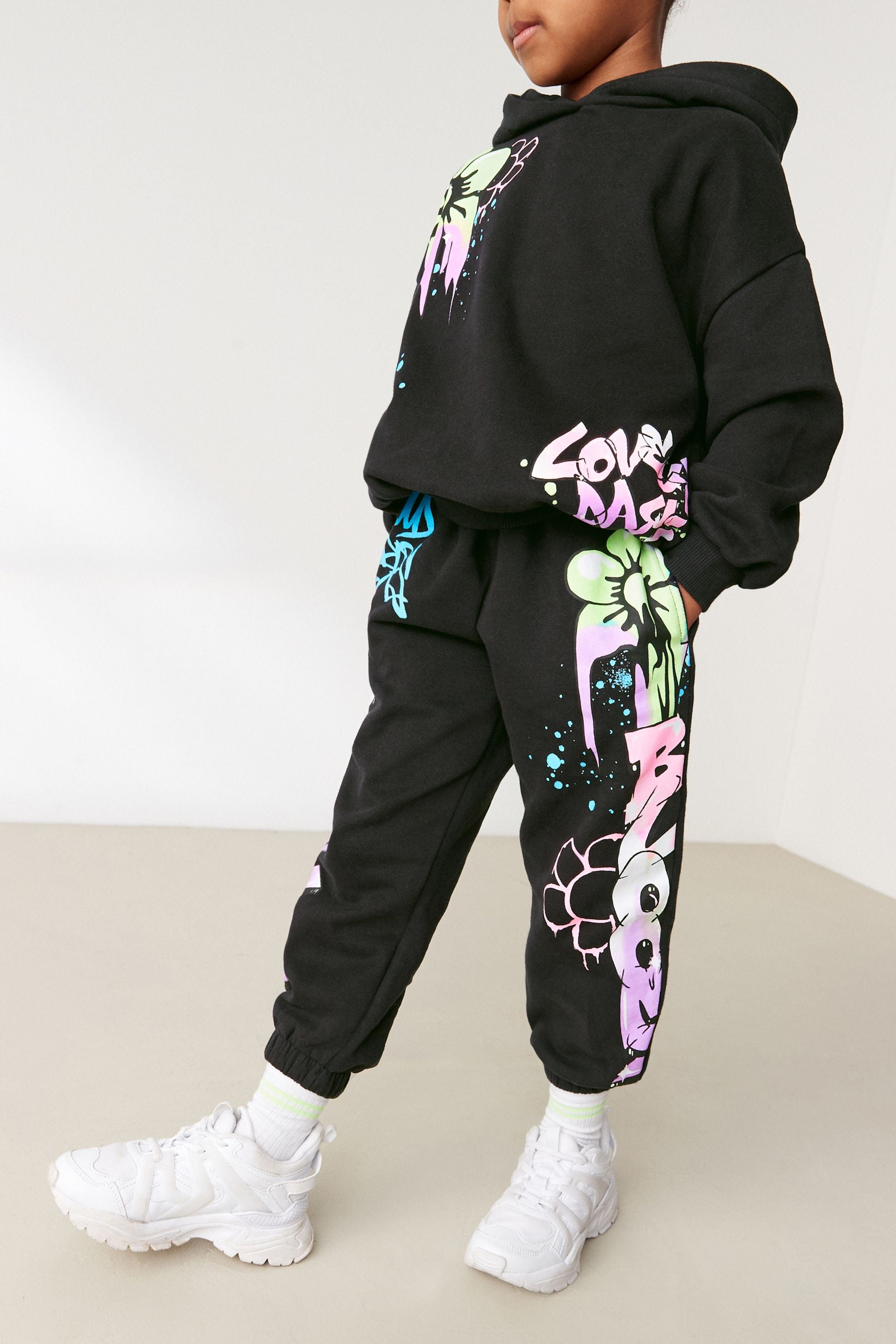 Black Graffiti Print Hoodie And Joggers Set (3-16yrs)