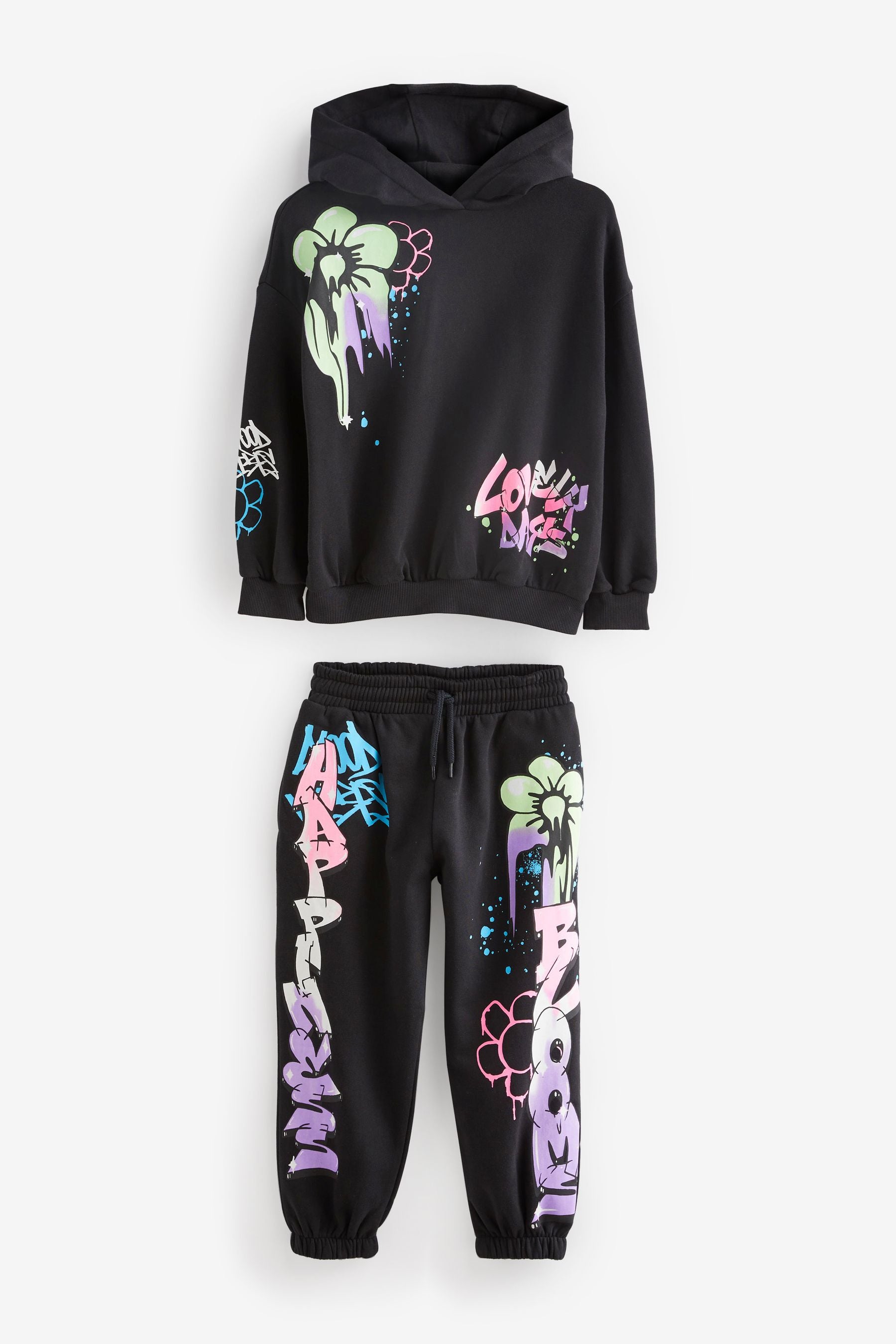 Black Graffiti Print Hoodie And Joggers Set (3-16yrs)