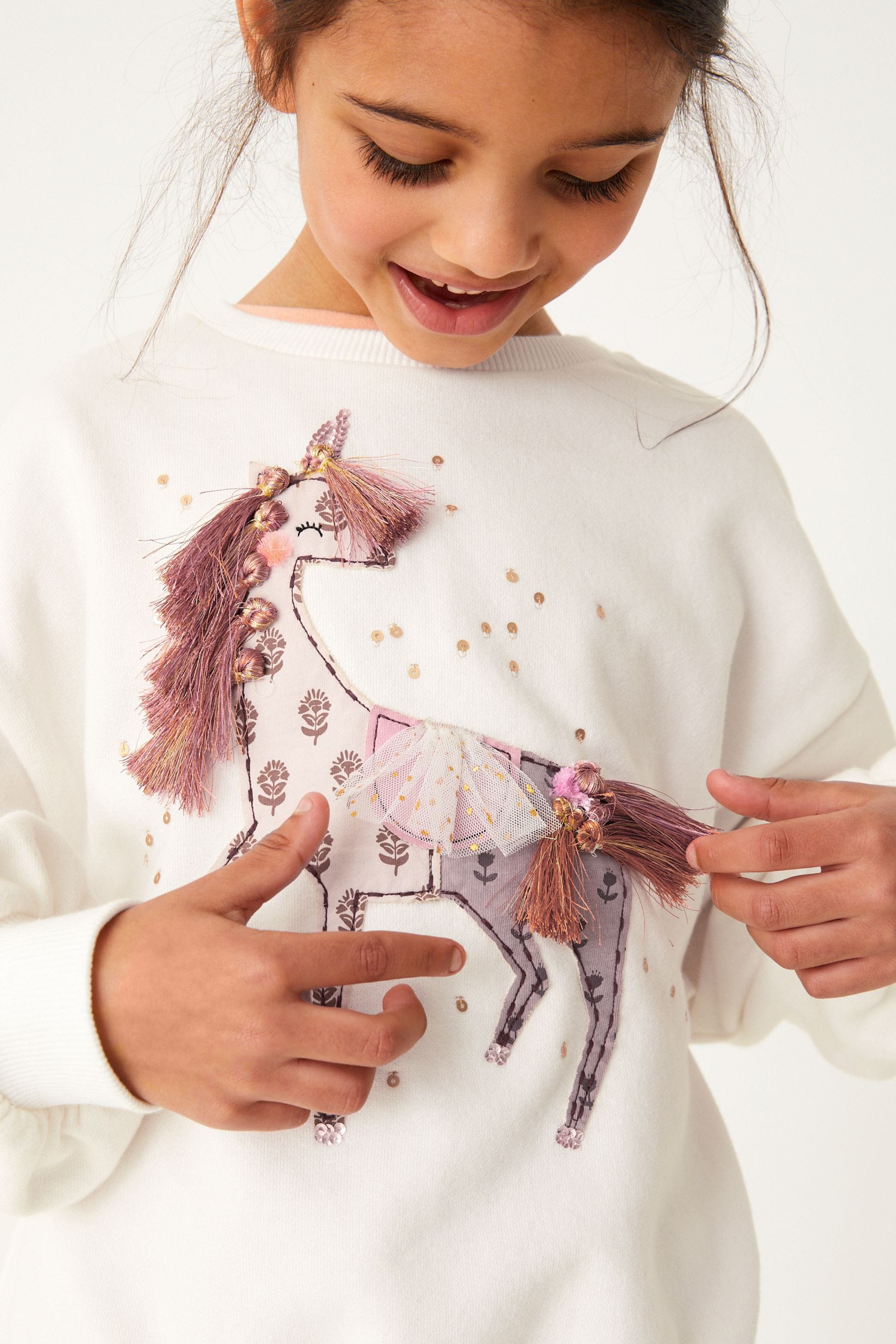 Ecru Cream Unicorn Embellished Sequin Crew Sweatshirt Top (3-16yrs)