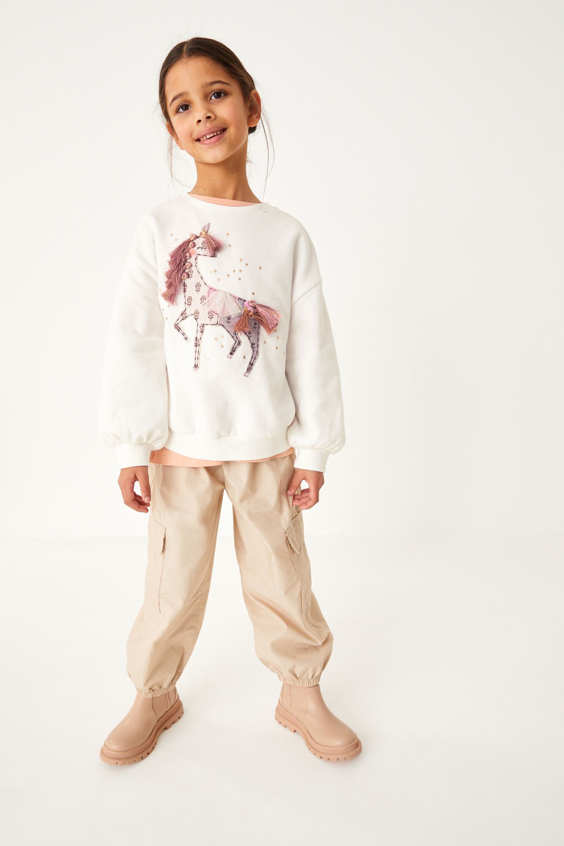 Ecru Cream Unicorn Embellished Sequin Crew Sweatshirt Top (3-16yrs)