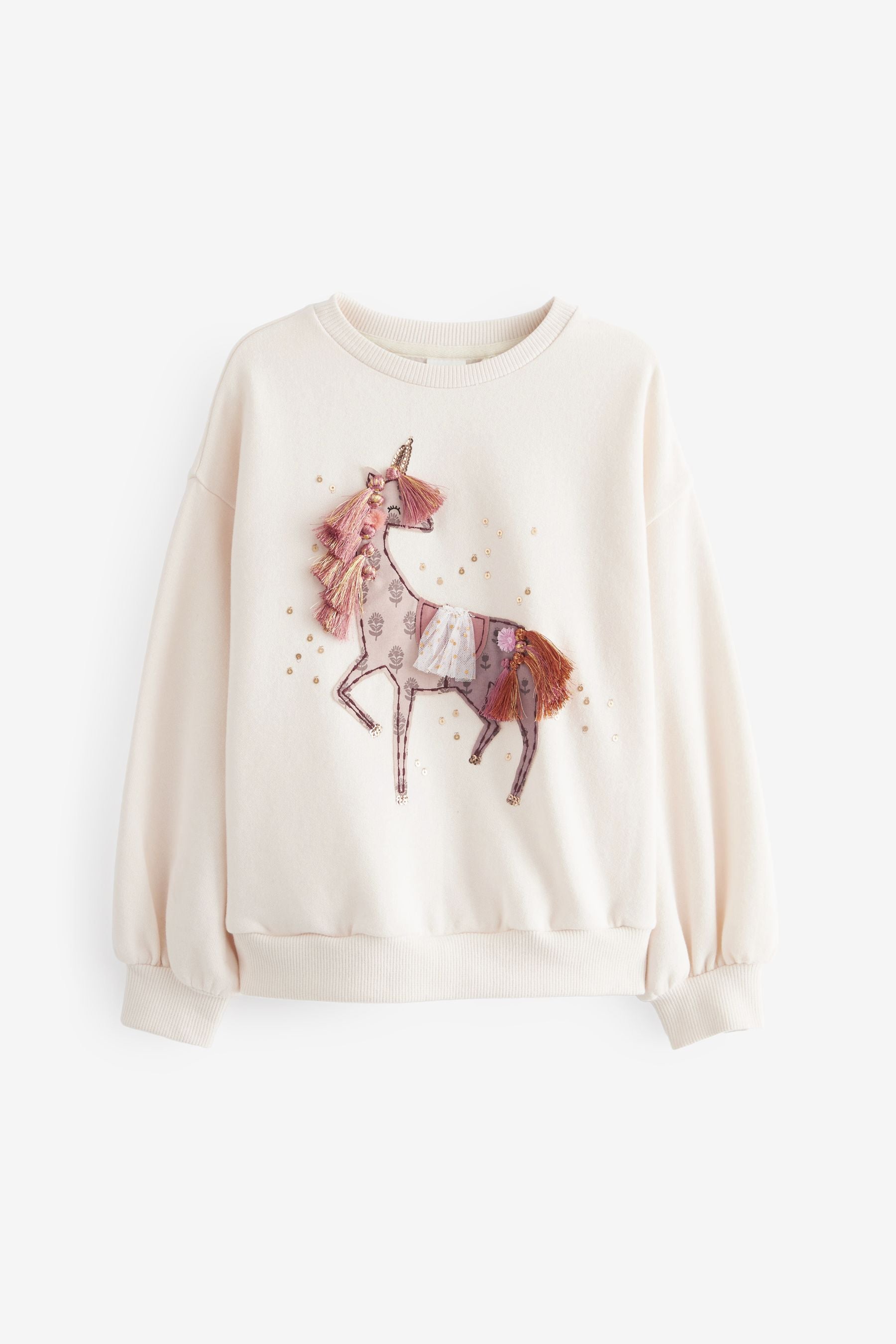 Ecru Cream Unicorn Embellished Sequin Crew Sweatshirt Top (3-16yrs)