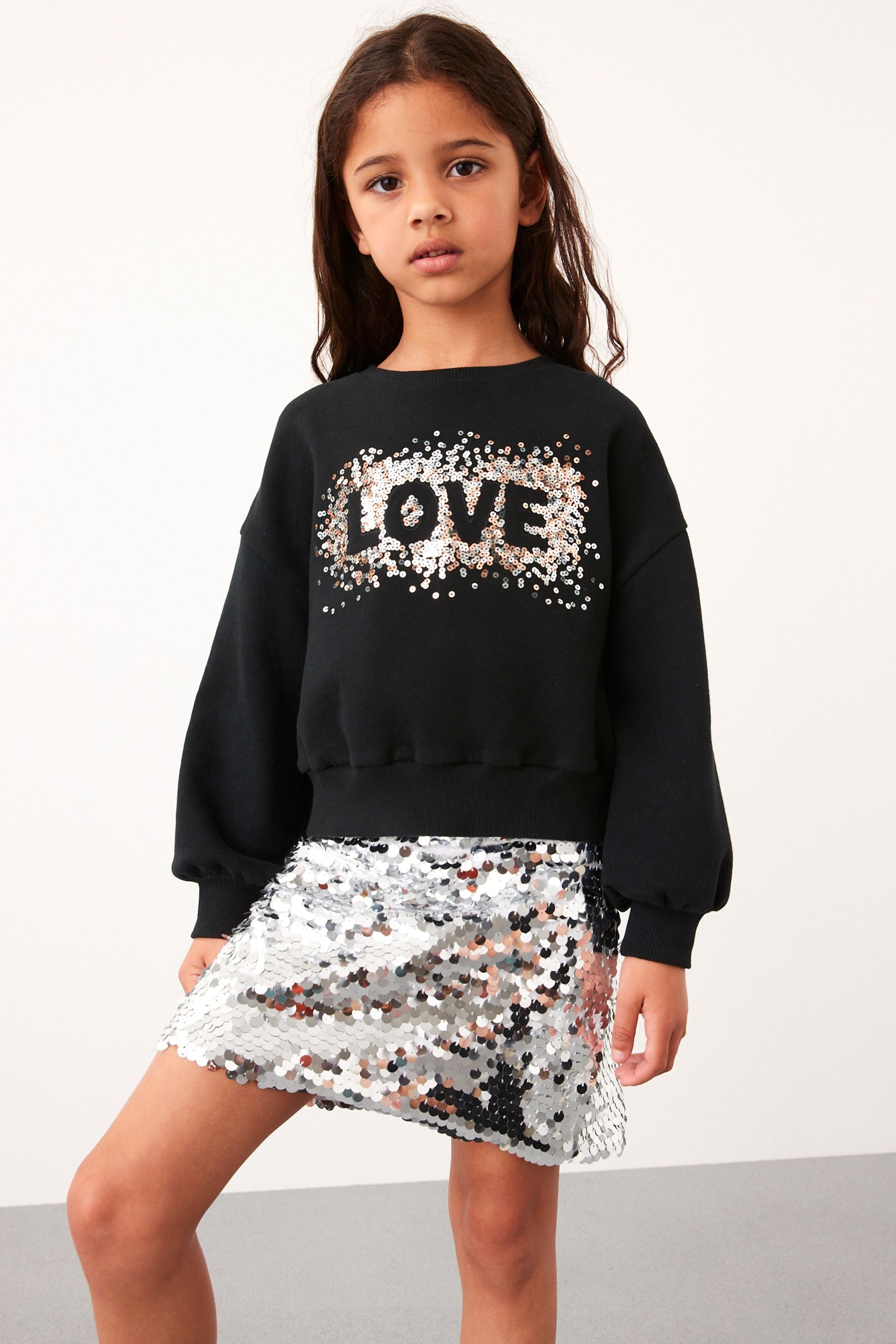 Black Sequin Crew Sweatshirt Top (3-16yrs)