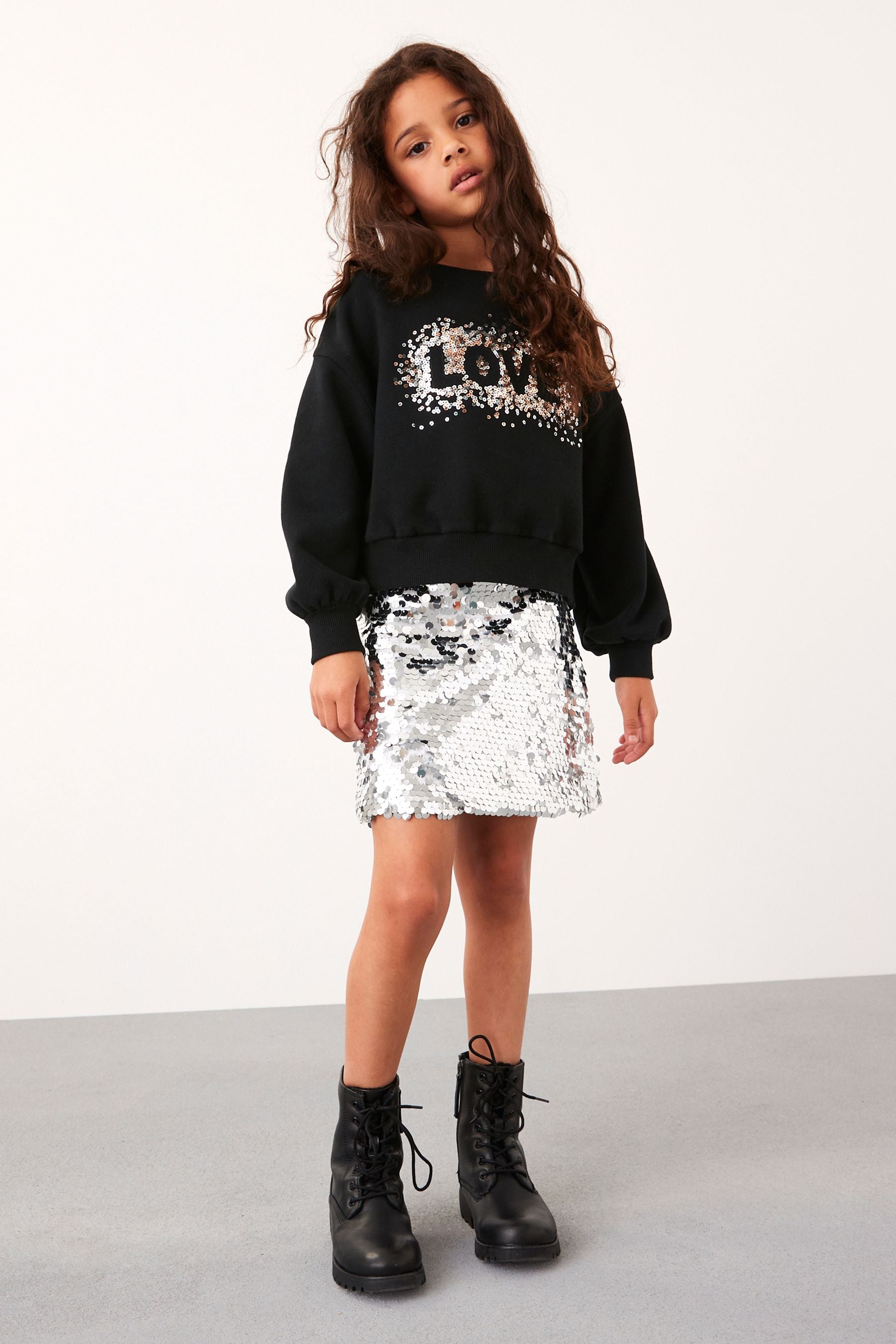 Black Sequin Crew Sweatshirt Top (3-16yrs)