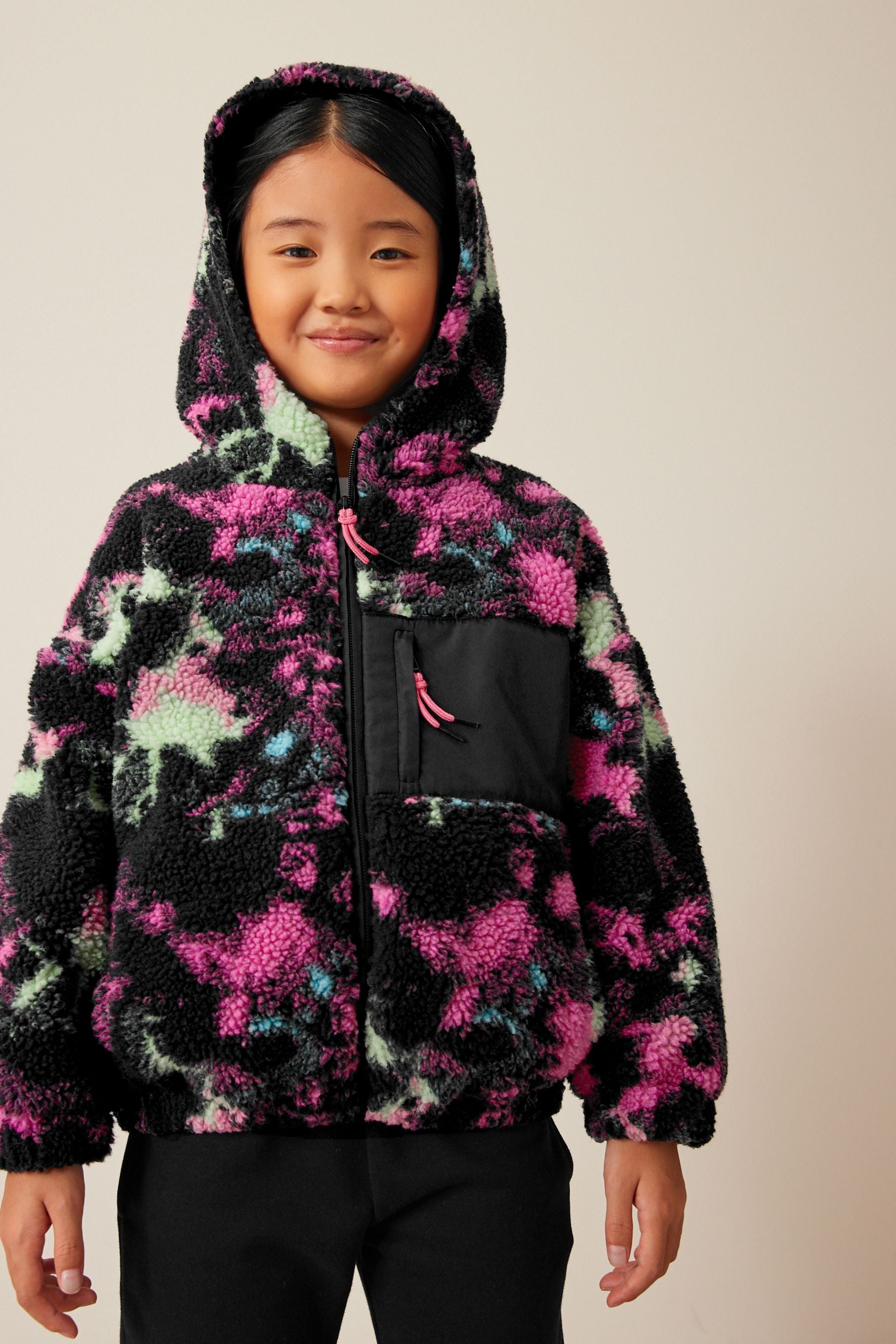 Black Tie Dye Printed Teddy Borg Fleece Jacket Zip Hoodie (3-16yrs)