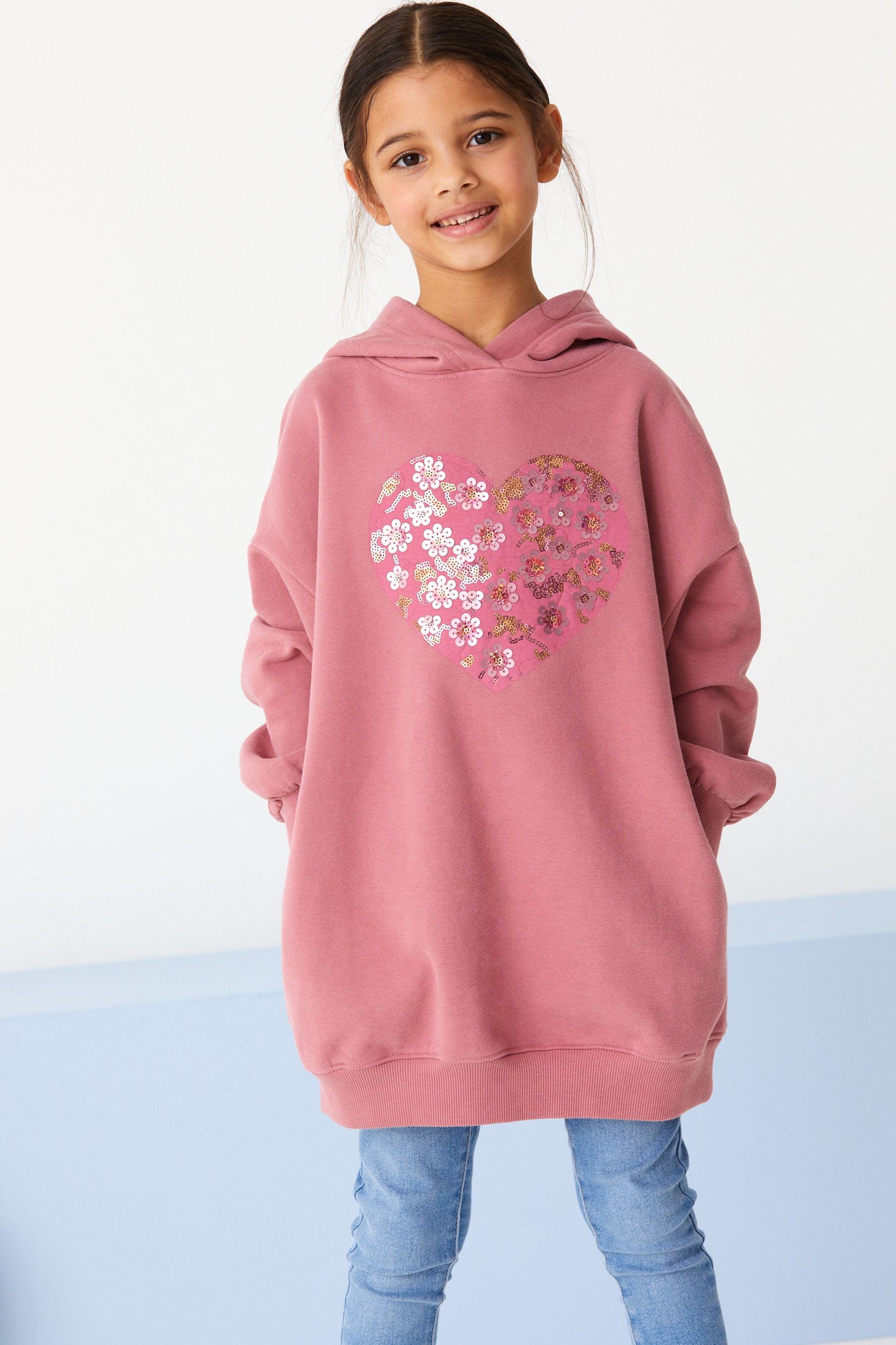 Pink Sequin Heart Longline Hoodie (3-16yrs)