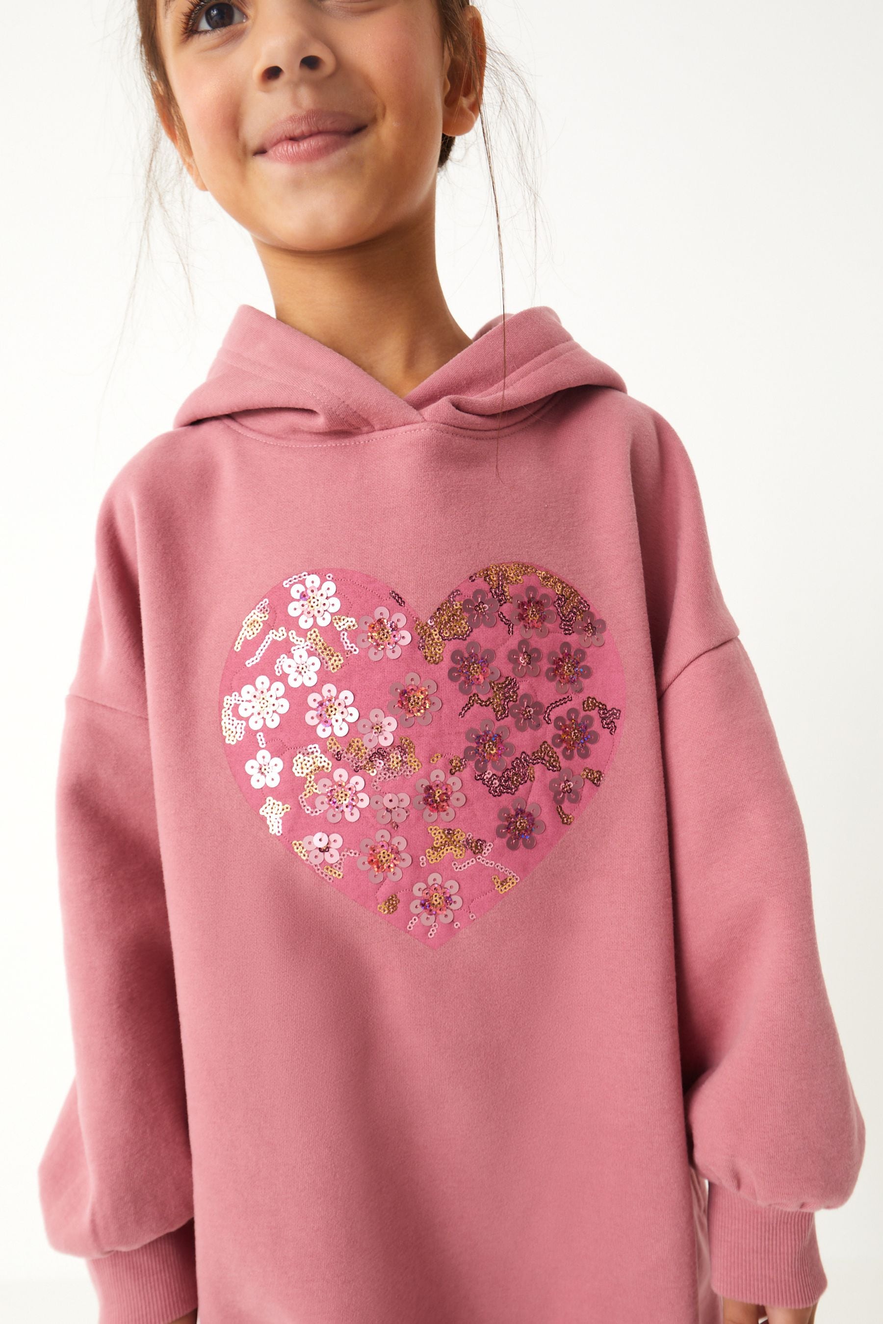 Pink Sequin Heart Longline Hoodie (3-16yrs)