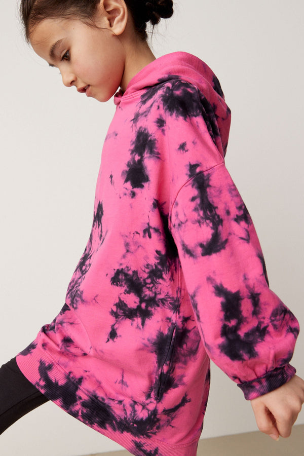 Black/Pink Tie Dye Longline Hoodie (3-16yrs)