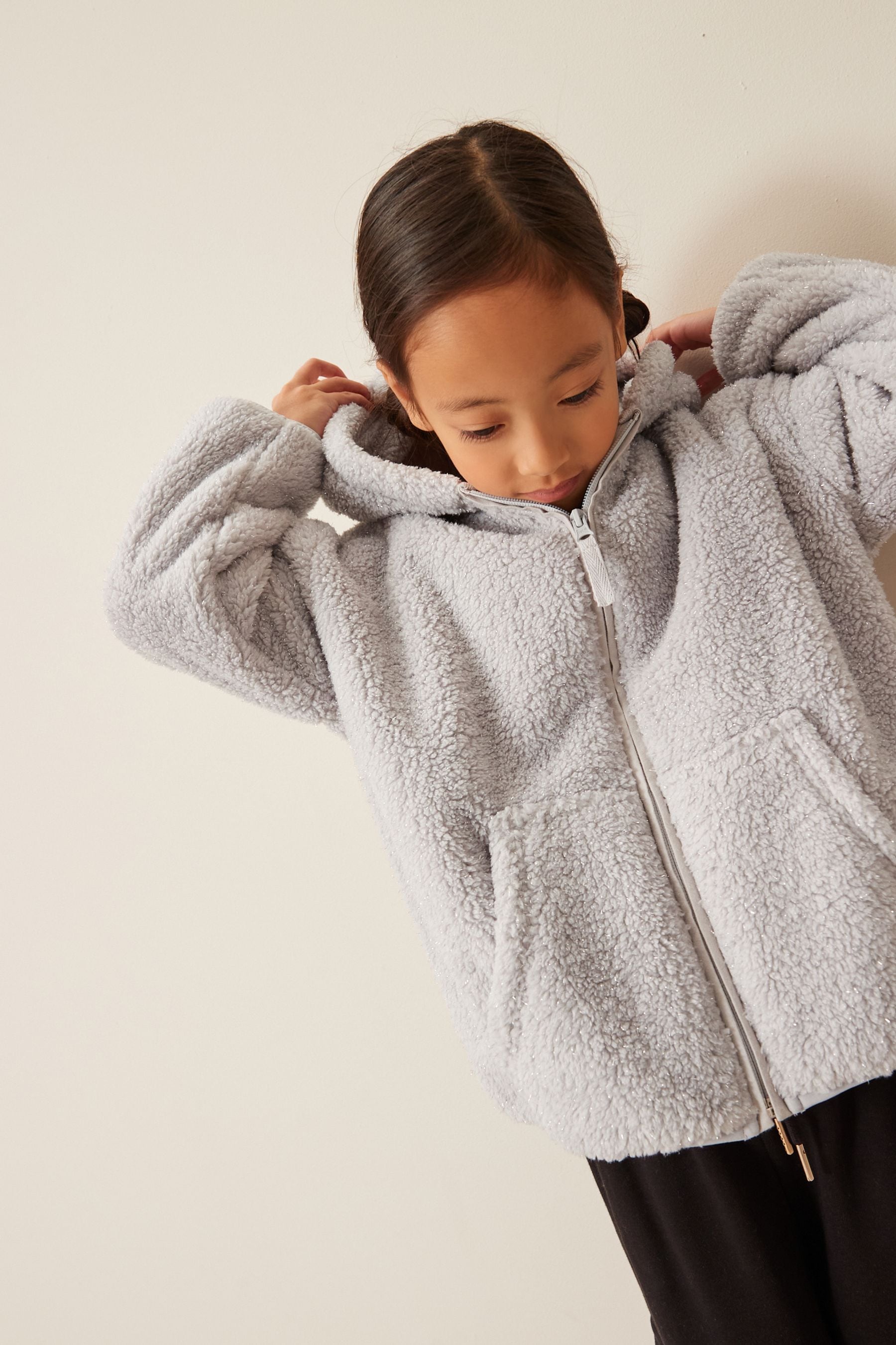 Grey Sparkle Teddy Borg Fleece Jacket Zip Hoodie (3-16yrs)