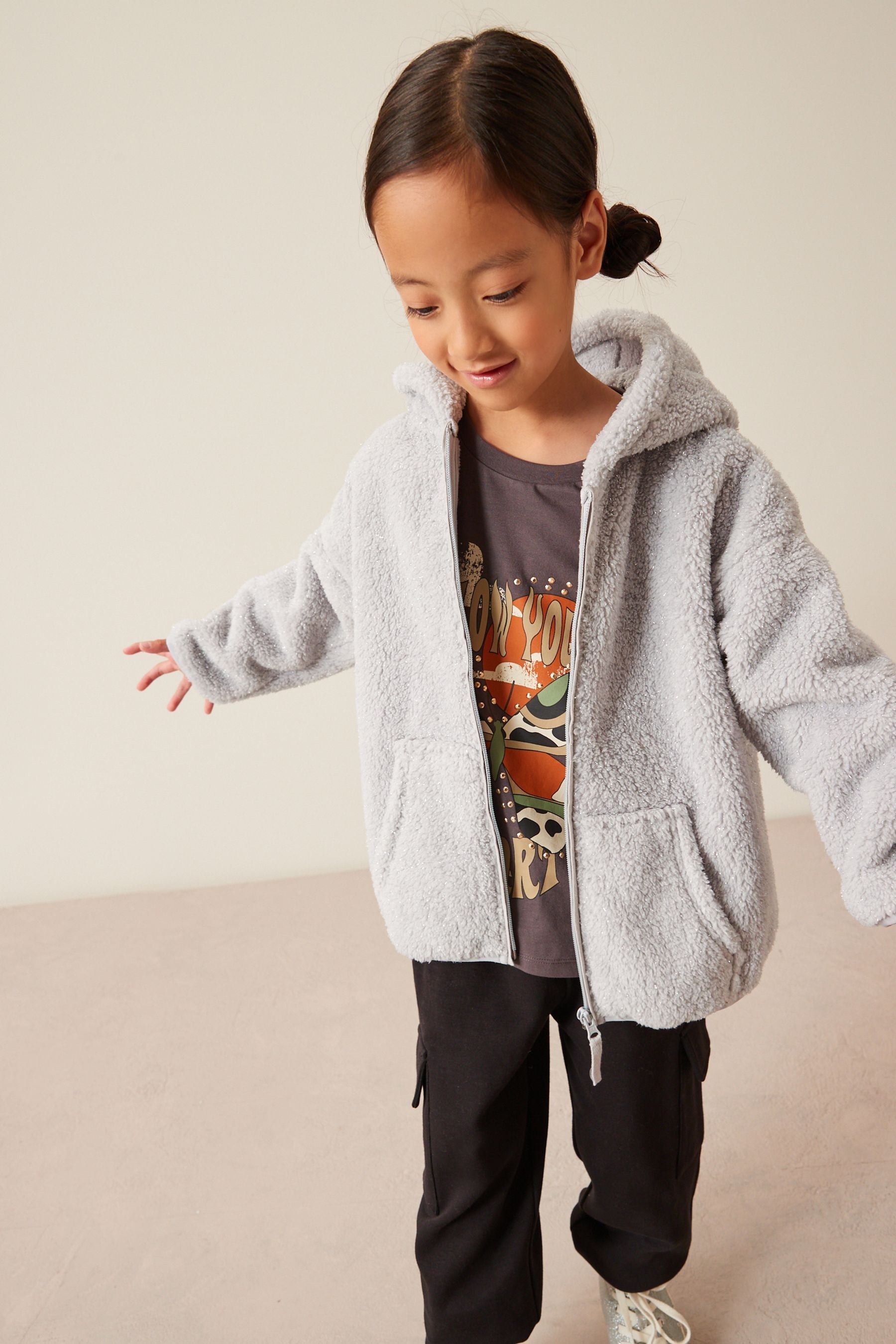 Grey Sparkle Teddy Borg Fleece Jacket Zip Hoodie (3-16yrs)